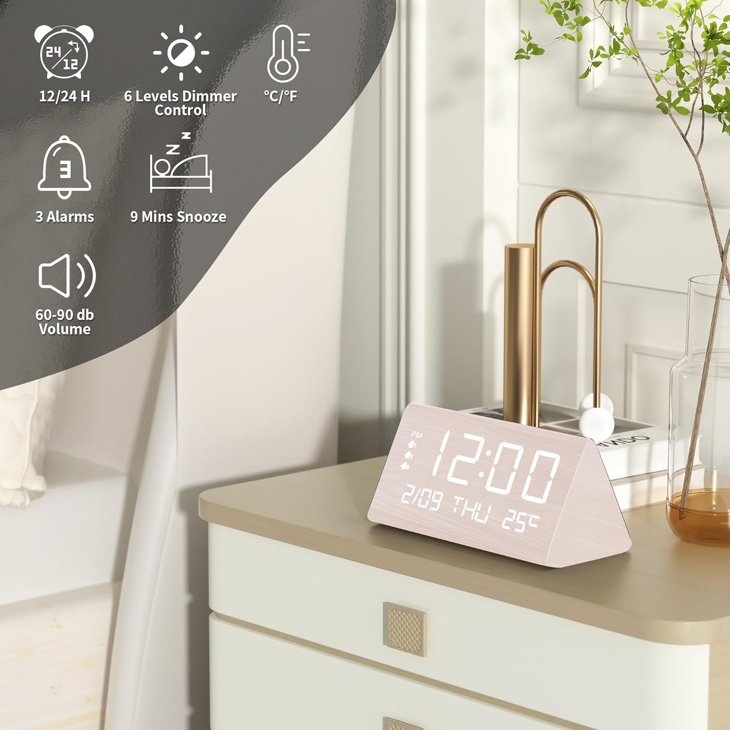 JALL Digital Alarm Clock with Wooden Design