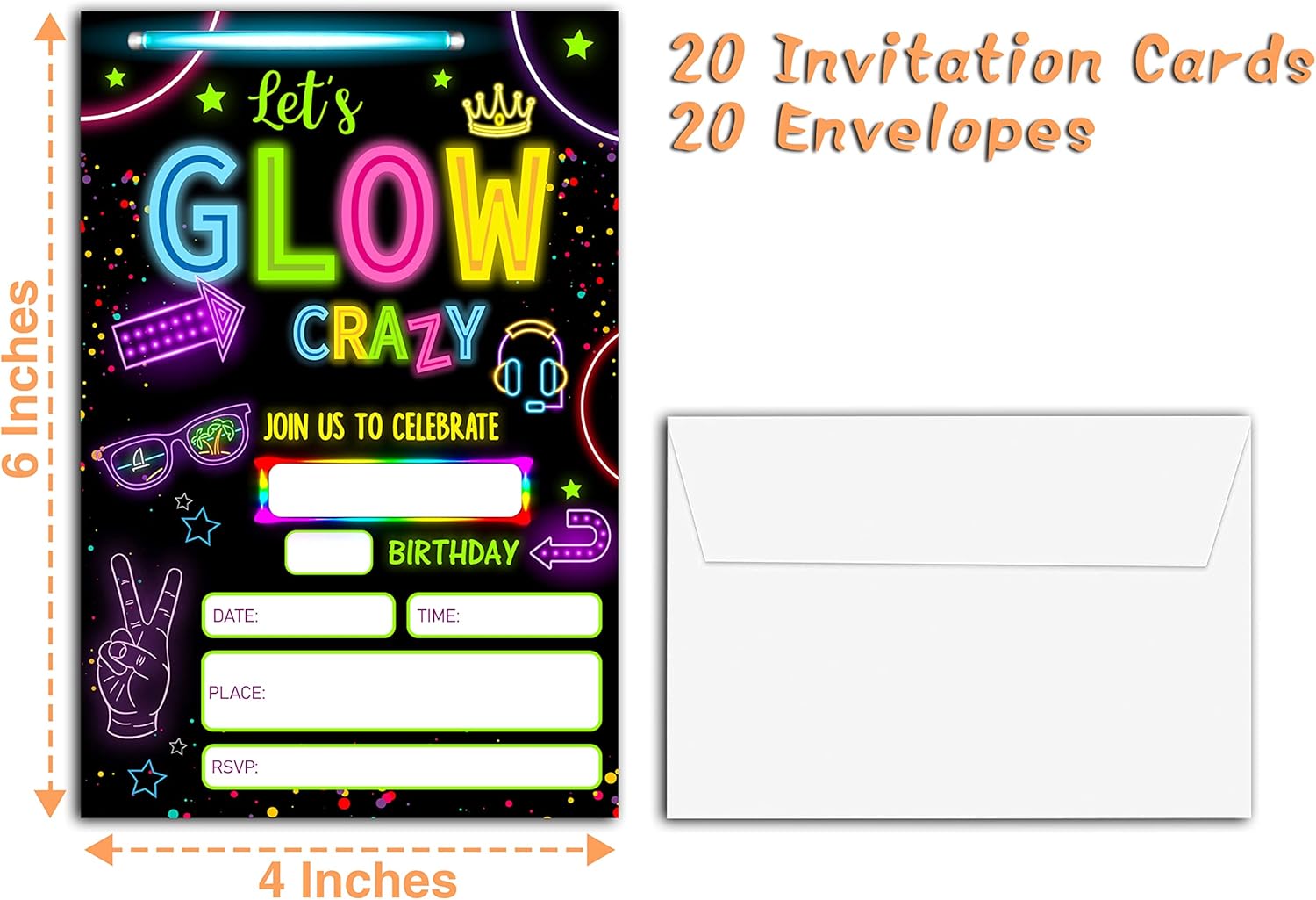 Neon Glow Birthday Invites 20 Count with Envelopes