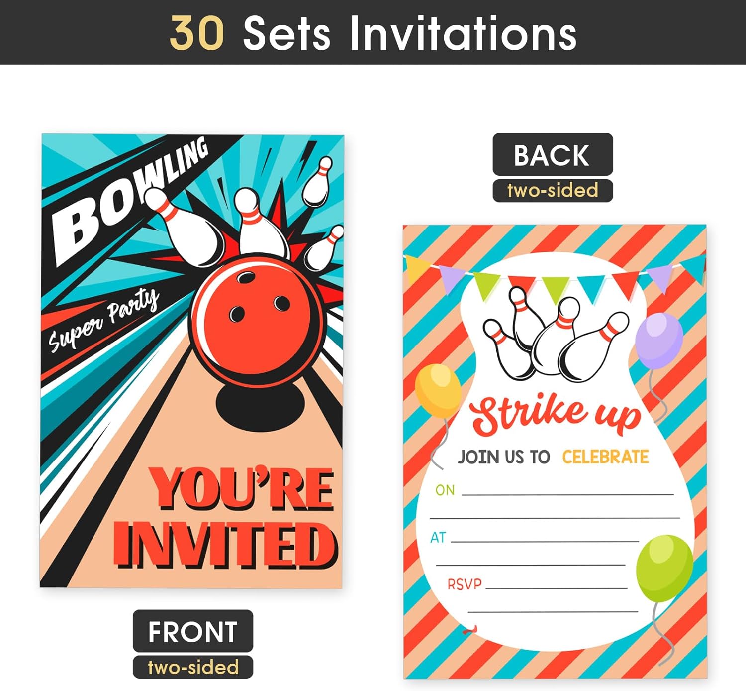 Bowling Party Birthday Invitations Set 30 Cards Double Sided