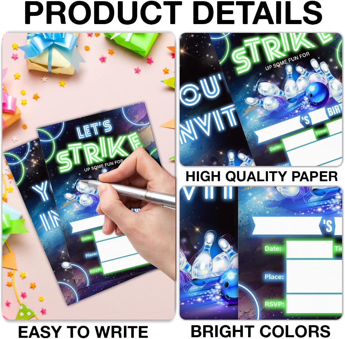 Neon Glow Bowling Birthday Invitations with Envelopes 20 Count Double Sided