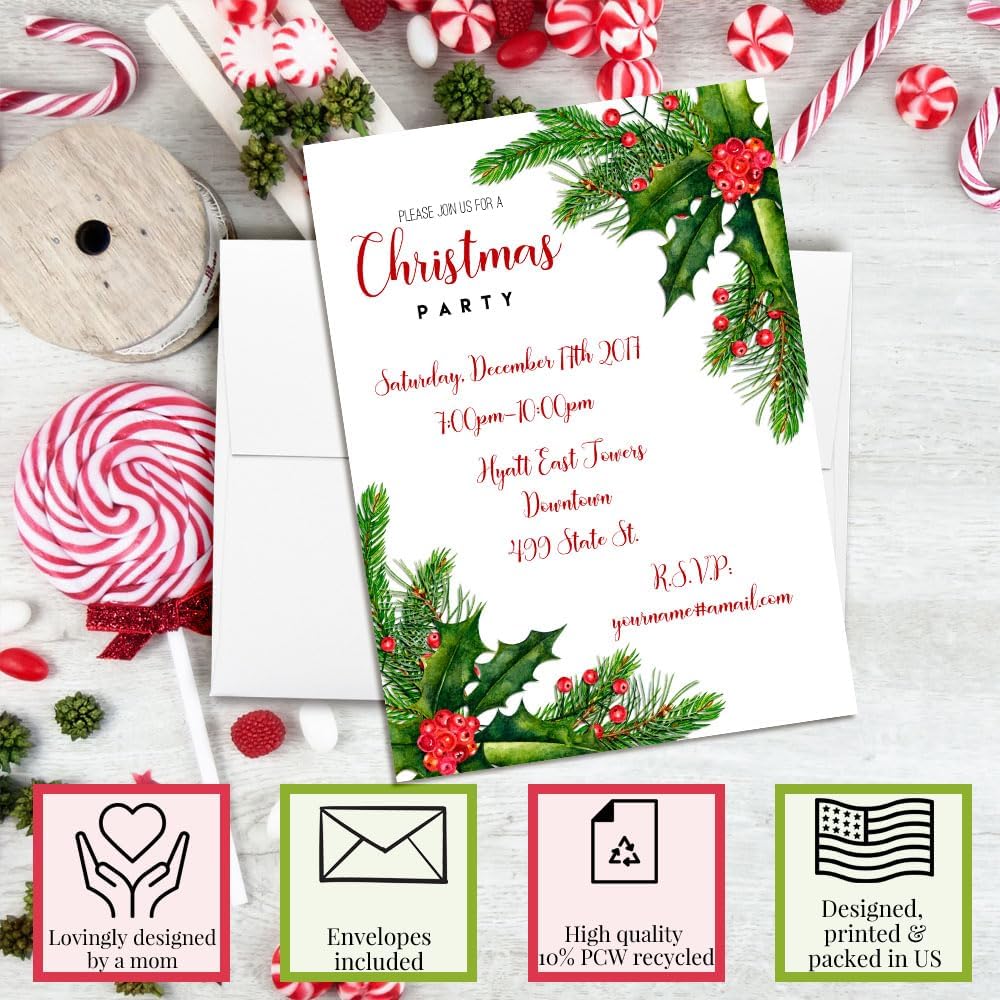 Personalized Christmas Holly Berries Party Invites 20 Pack with Envelopes
