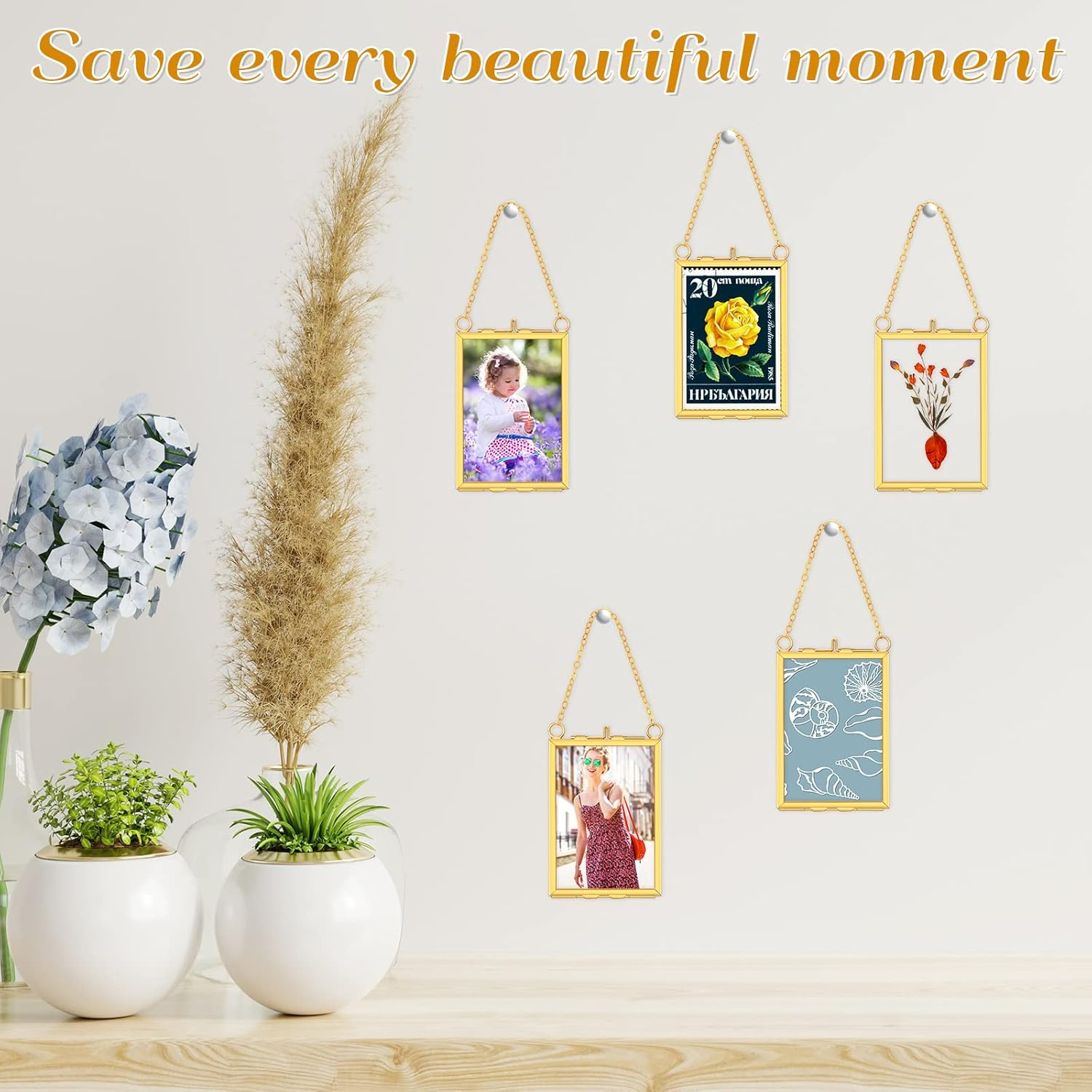 Landhoow 8 Pcs Gold Floating Picture Frame for Dried Flowers