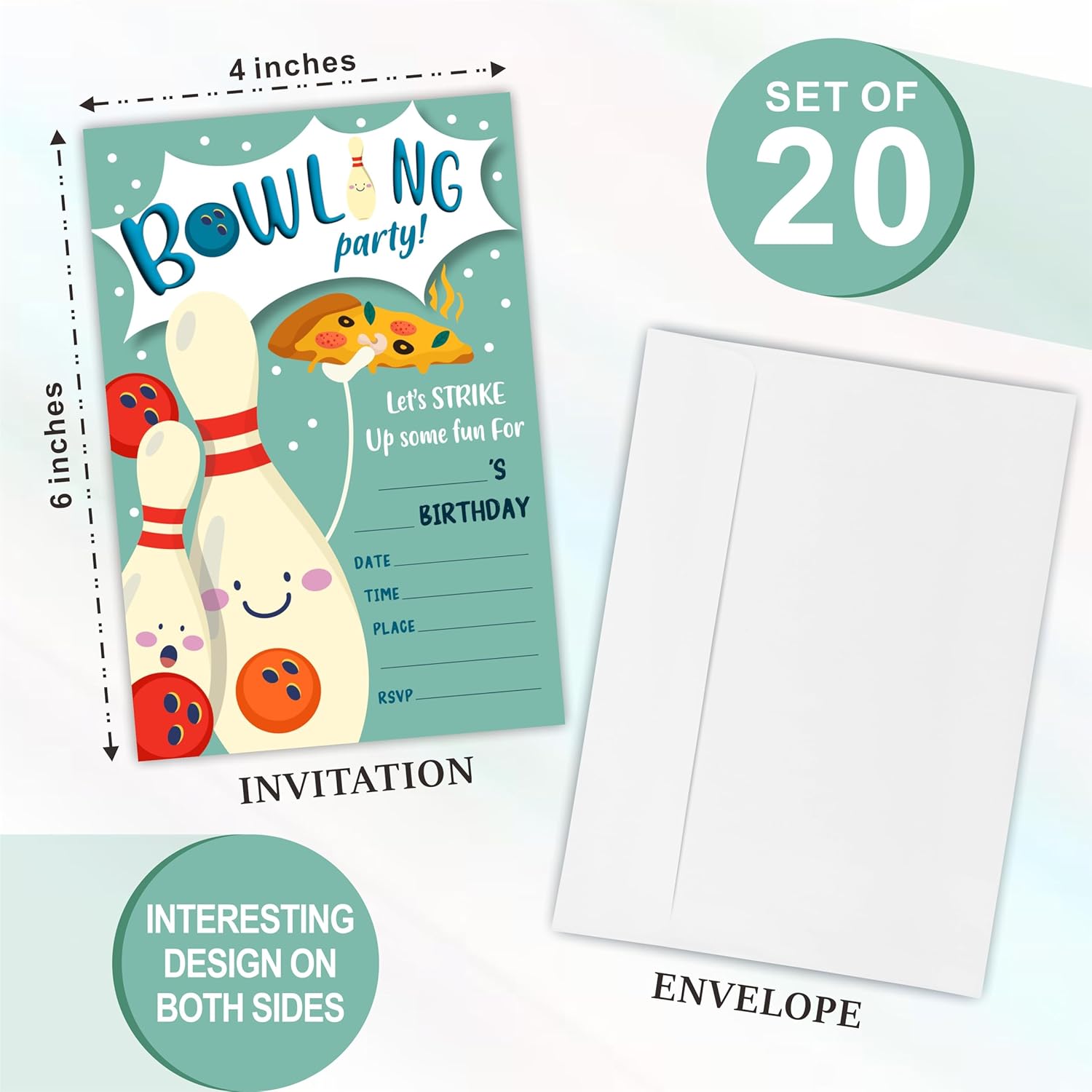 Bowling Party Birthday Invites 20 Cards With Envelopes Double-Sided Style Fun Festive