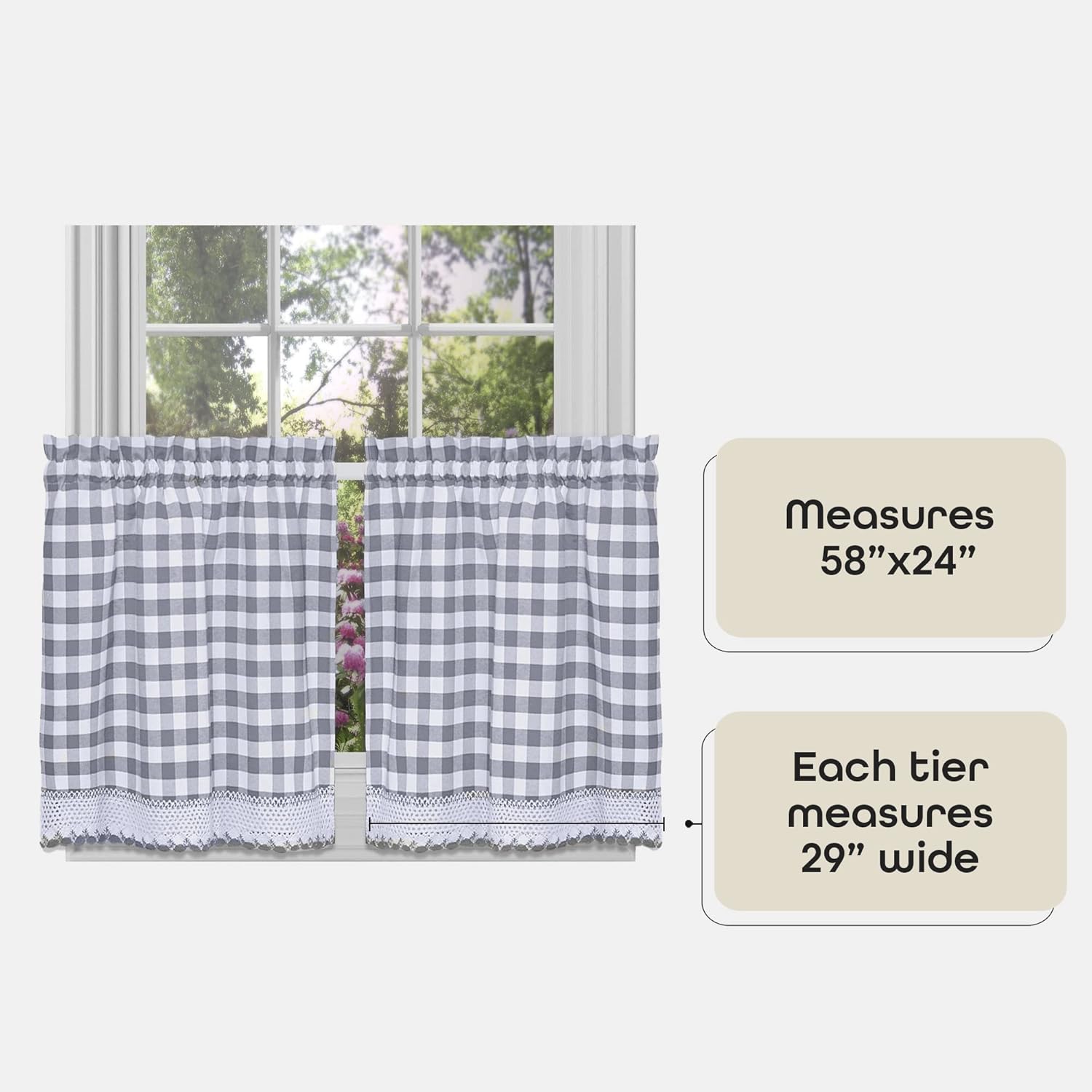 Buffalo Check Tier Curtains Set - Grey White Plaid
