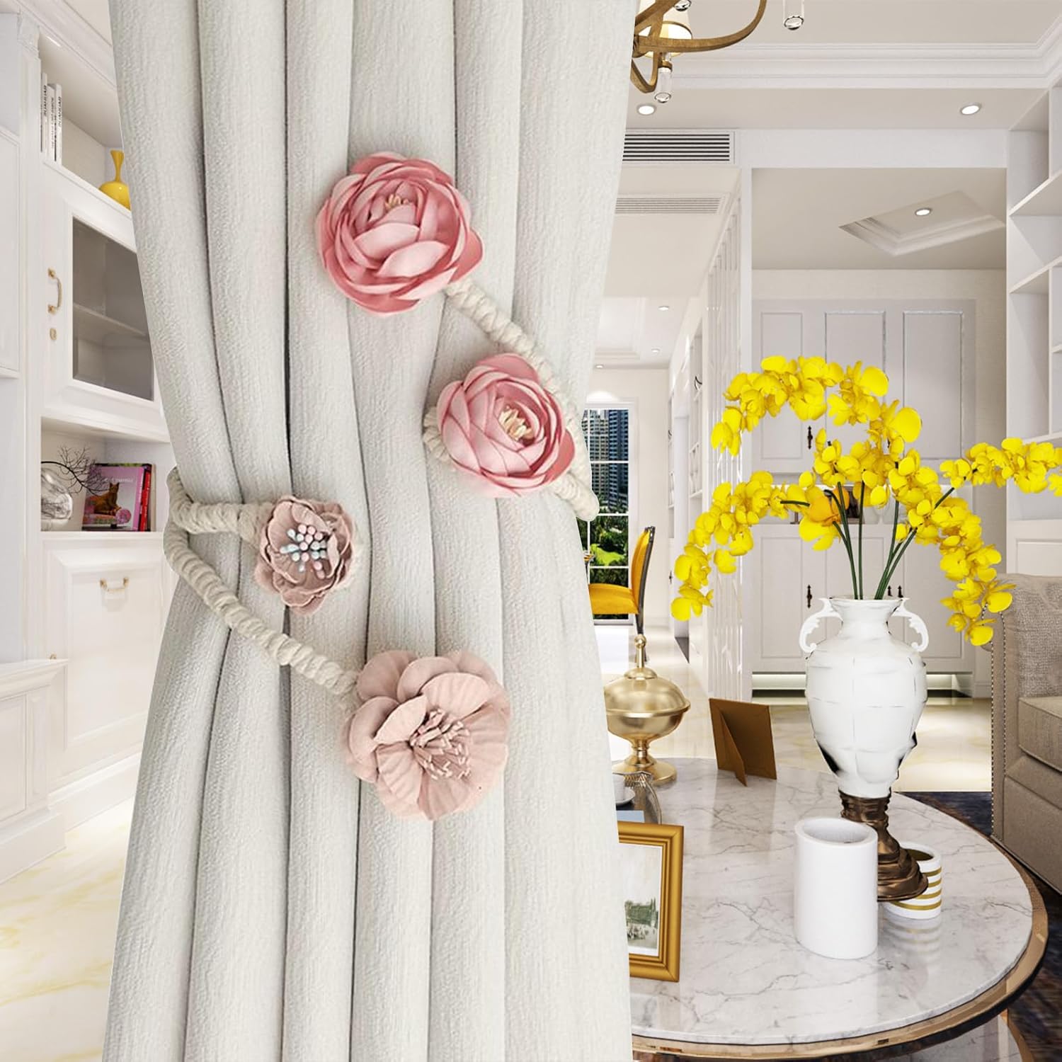 Boho Flower Curtain Tie Backs Pink Decorative Holdbacks