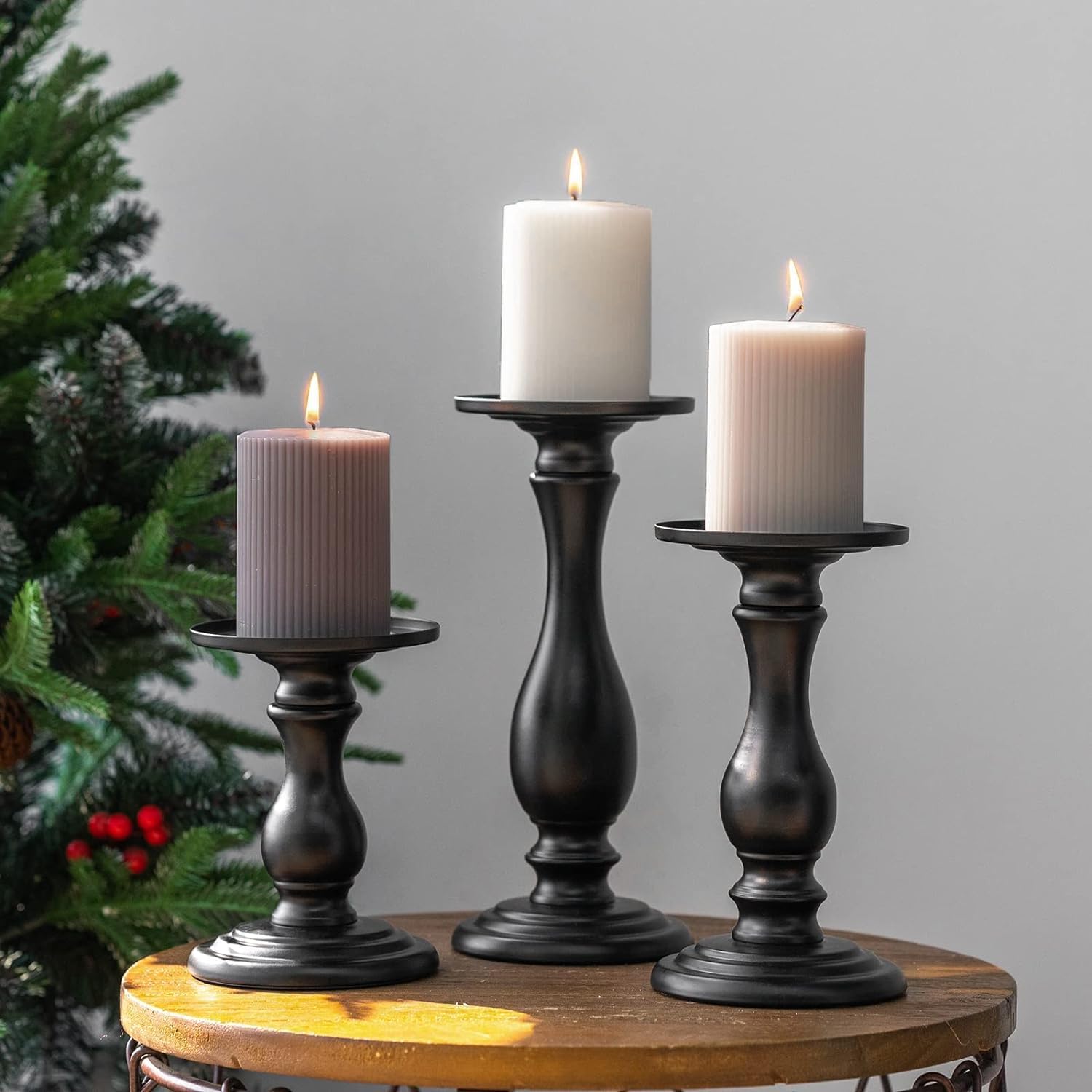 Set of 3 Matte Black Candle Holders for Decor
