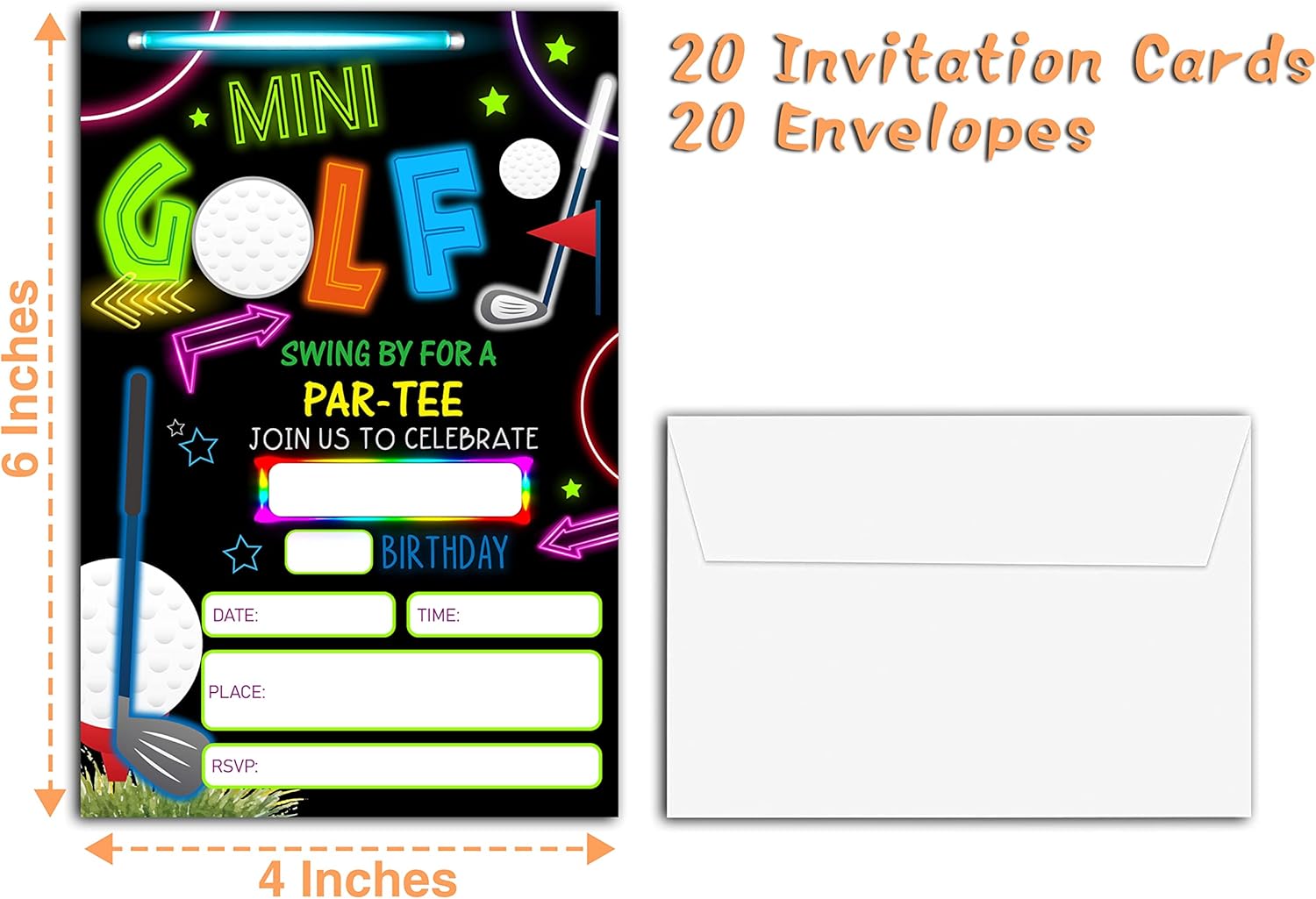 Neon Glow Mini Golf Birthday Invites 20 Count