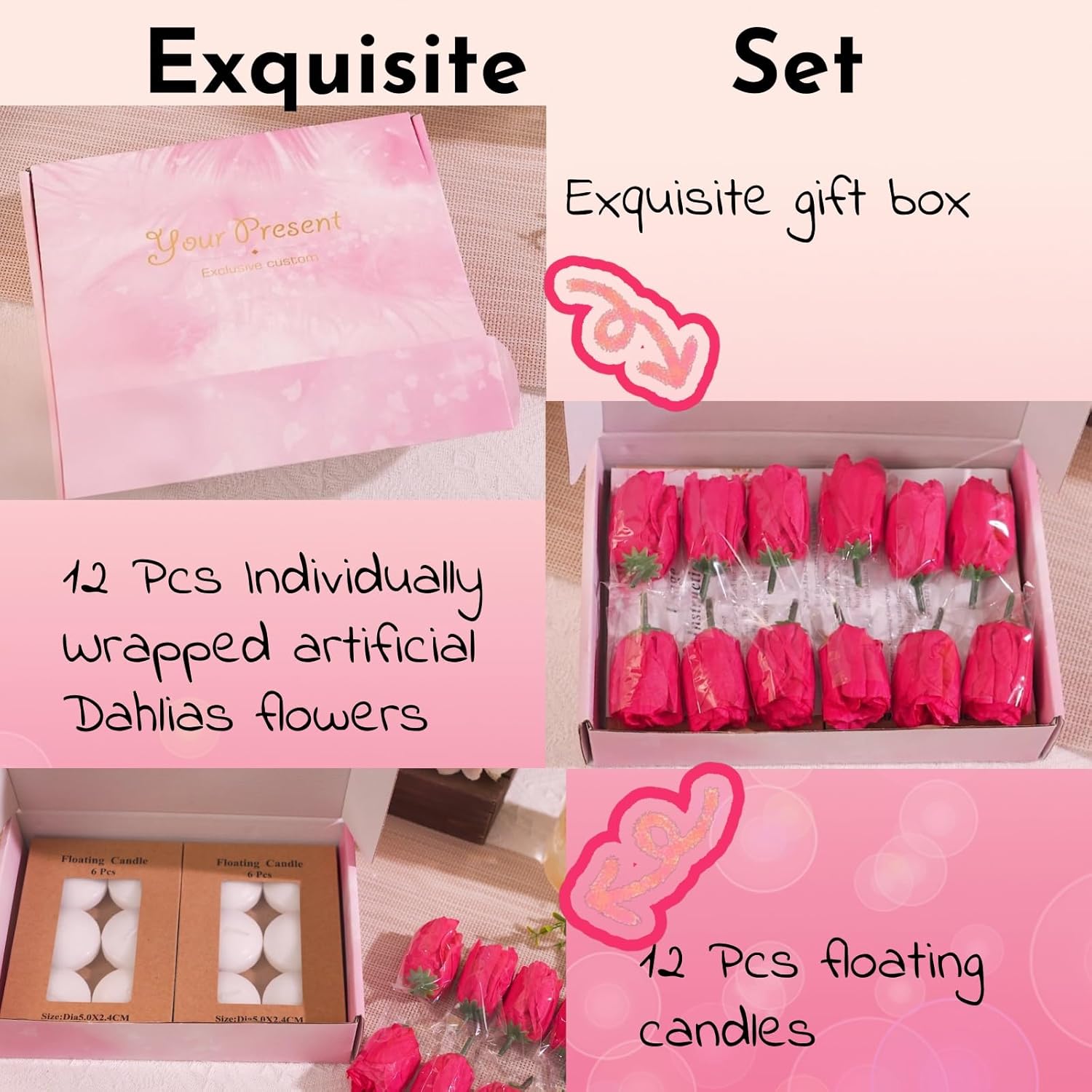 24 Pcs Floating Candles and Artificial Flowers for Centerpieces