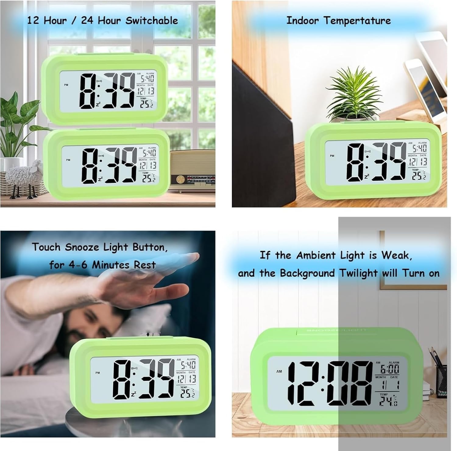 KAIJIELY LCD Digital Alarm Clock with Temperature Display Green