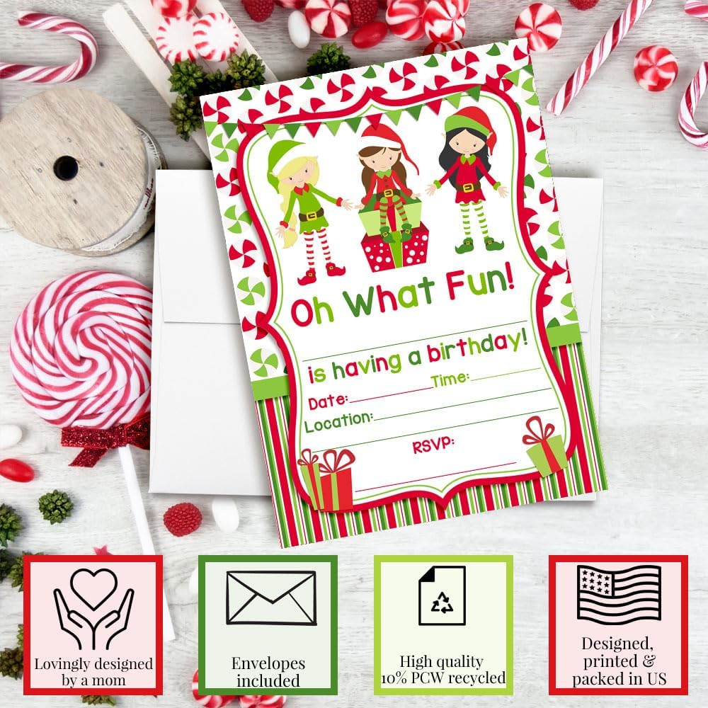 Elf Girl Christmas Invites with Envelopes 20 Pack 5x7 Double Sided