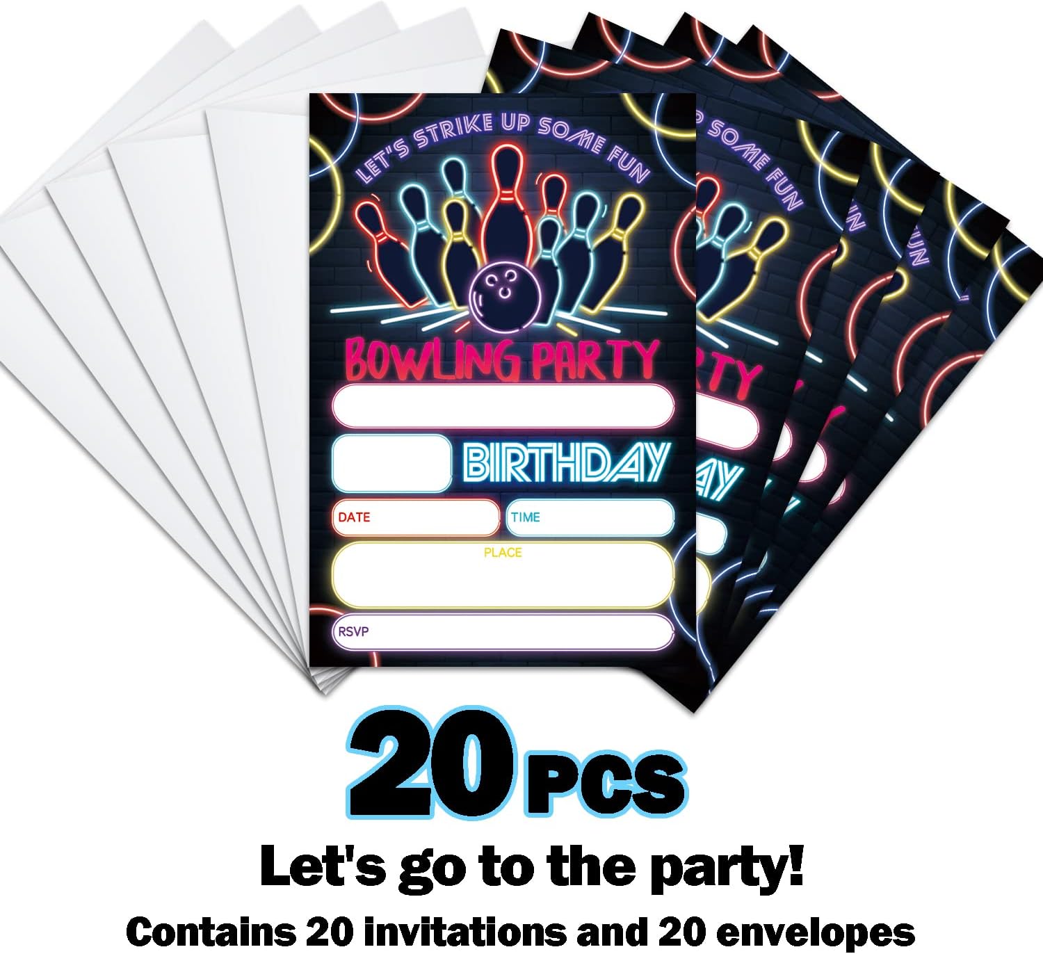Glow Bowling Birthday Invitations with Envelopes 20 Sets