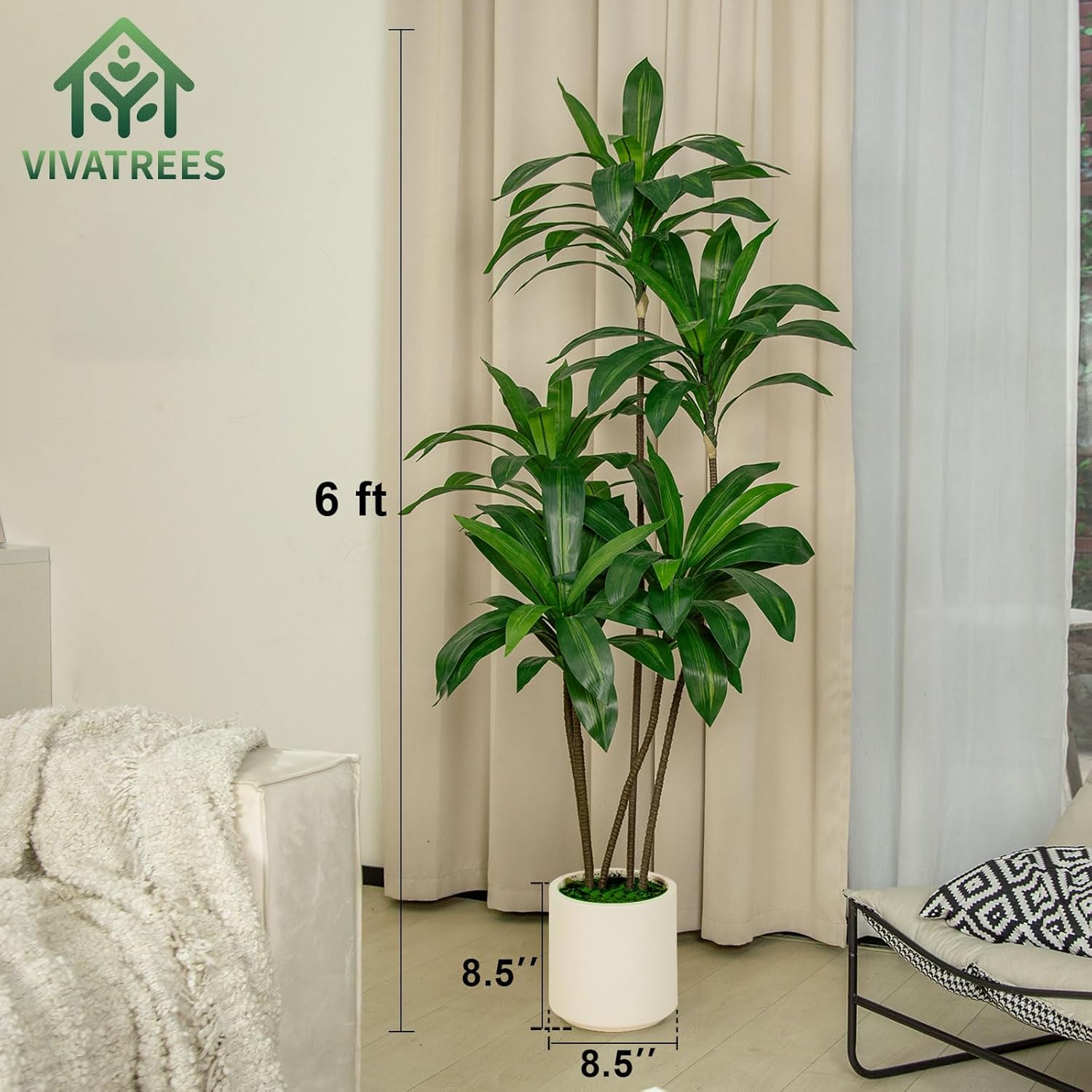 VIVATREES 6FT Artificial Dracaena Tree with White Planter