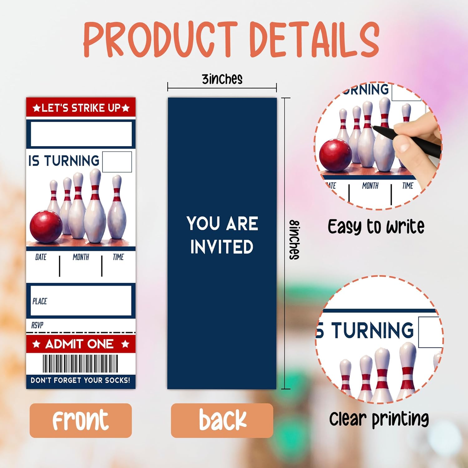 Lets Strike Birthday Invitation Cards with Envelopes Double Sided 3x8 Inches 20pcs