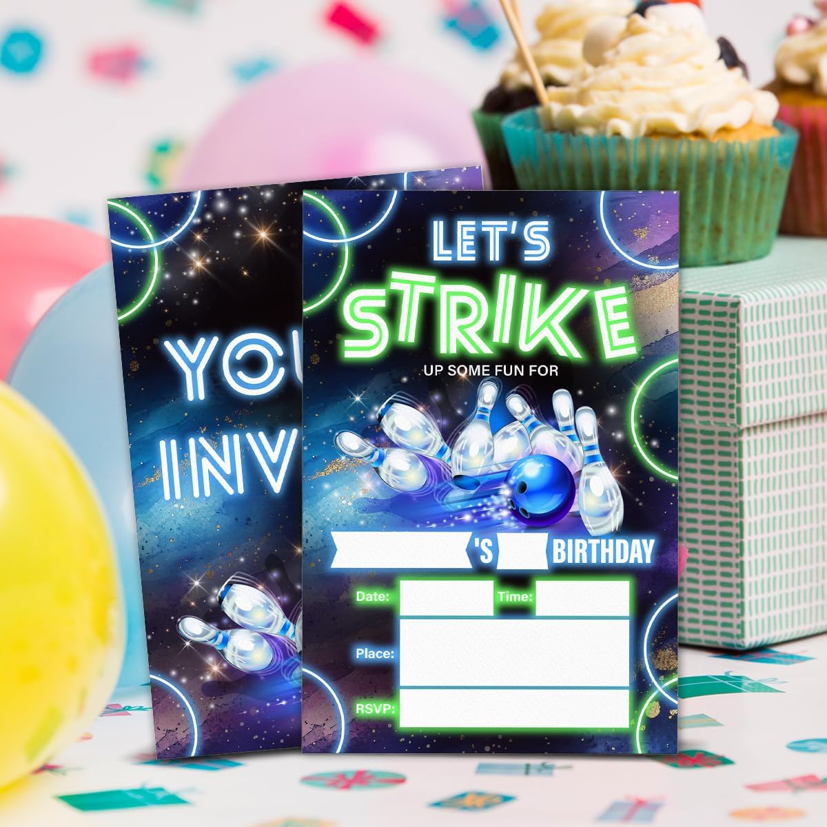 Neon Glow Bowling Birthday Invitations with Envelopes 20 Count Double Sided