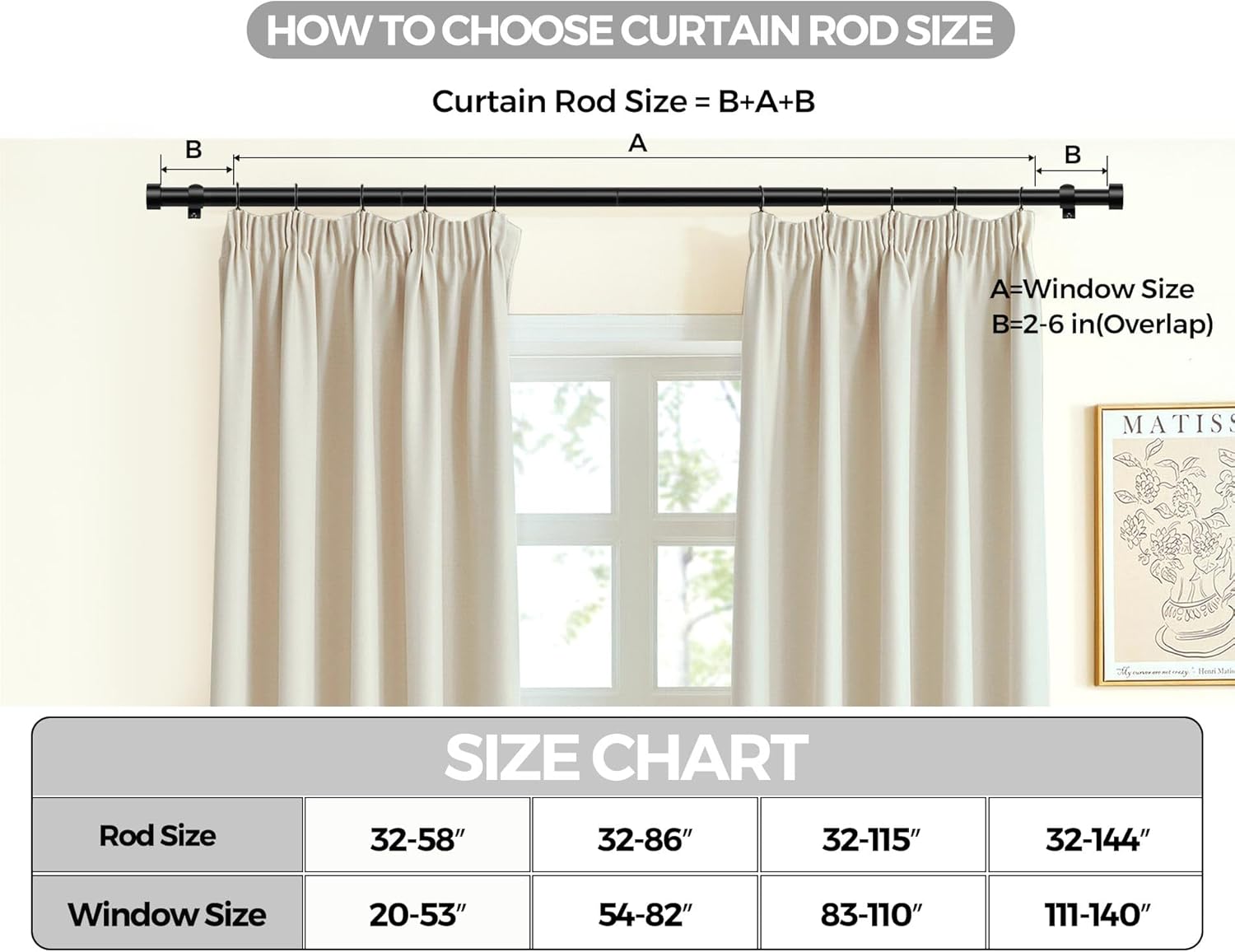 Kamanina Black Curtain Rod 32-144 Inch Heavy Duty Single Rod