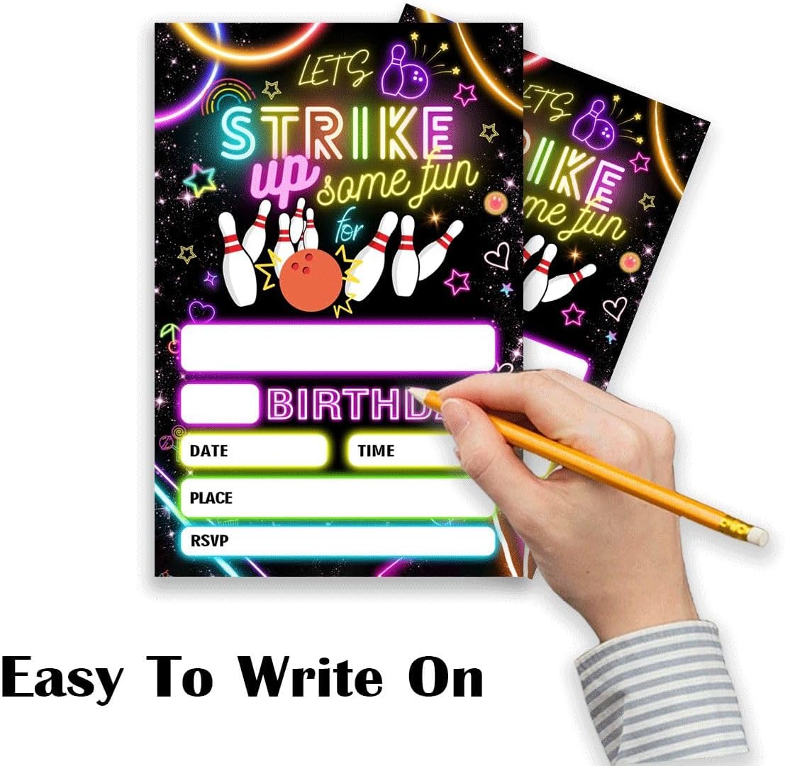 Strike Bowling Neon Birthday Party Invitation with Envelopes 4x6 Inch