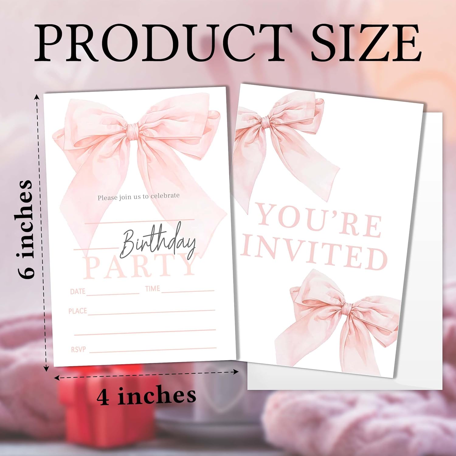 20 Pink Bow Birthday Invitations with Envelopes