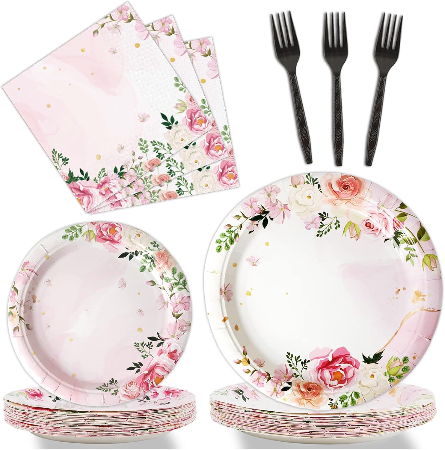 96 Pcs Pink Floral Party Plates Napkins Set for 24 Guests