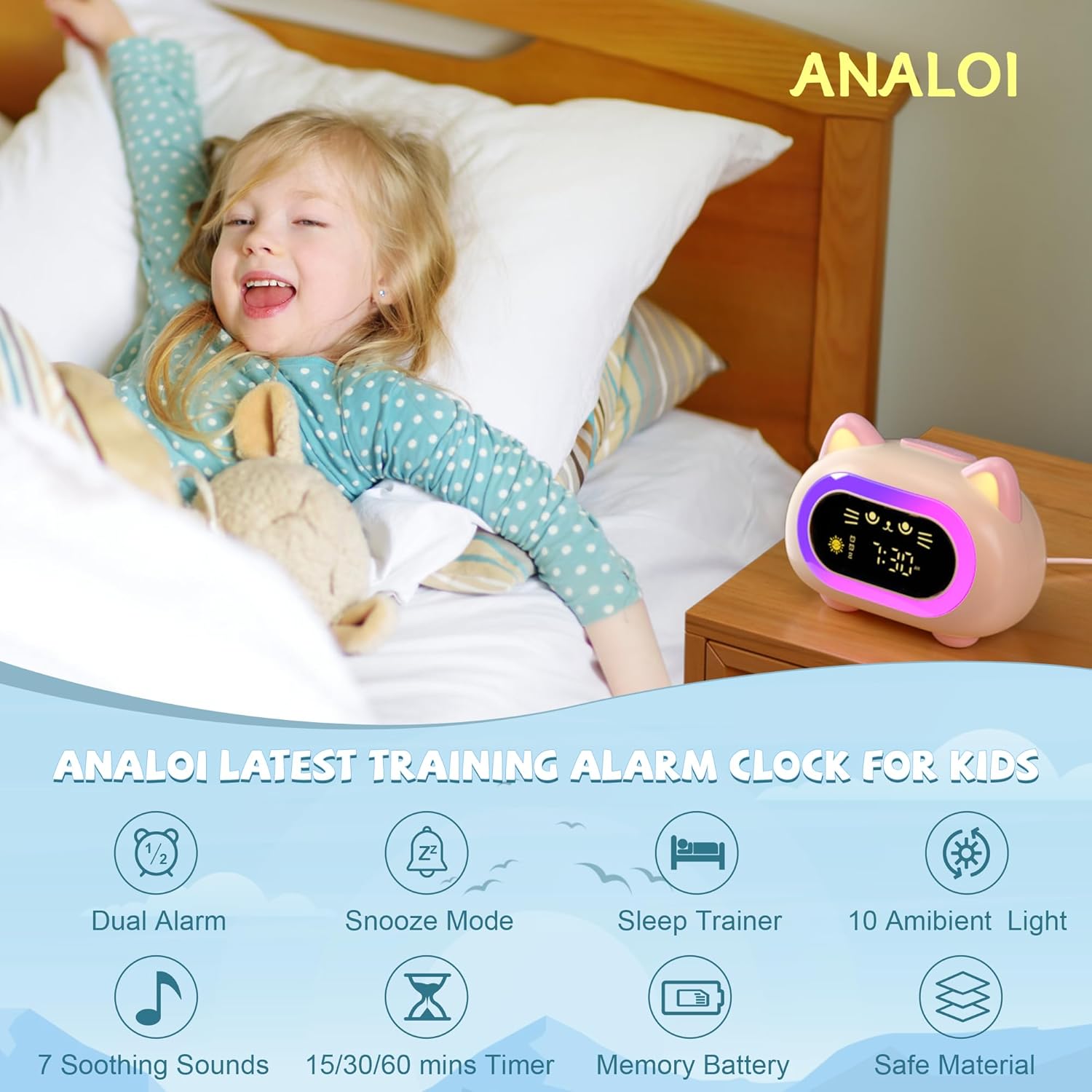 Charming Cat Alarm Clock for Kids with Dual Alarm and Night Light