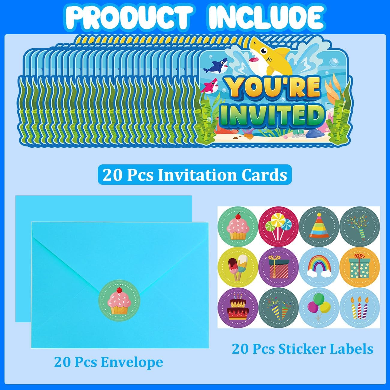 20Pcs Shark Birthday Invitations for Boys