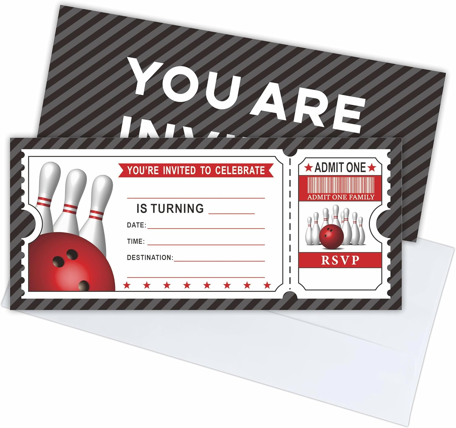 20 Bowling Birthday Invites With Envelopes Double-Sided