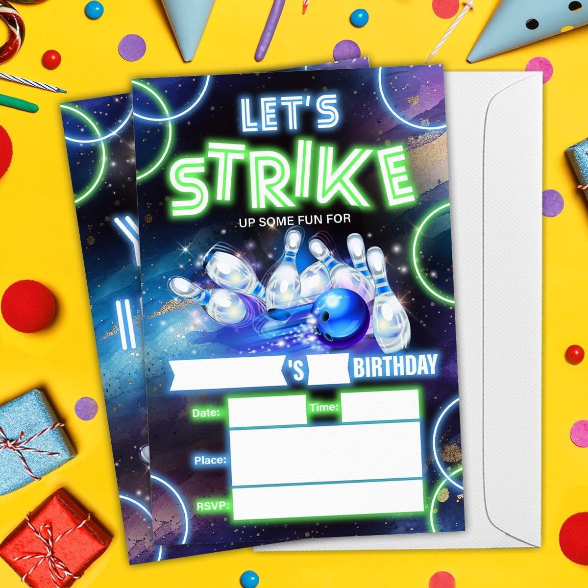 Neon Glow Bowling Birthday Invitations with Envelopes 20 Count Double Sided