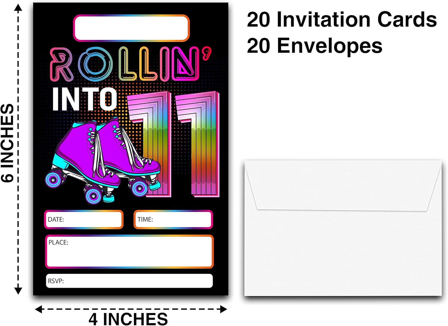 DETIHO 4x6 Roller Skating 11th Birthday Party Invitations 20 Sets
