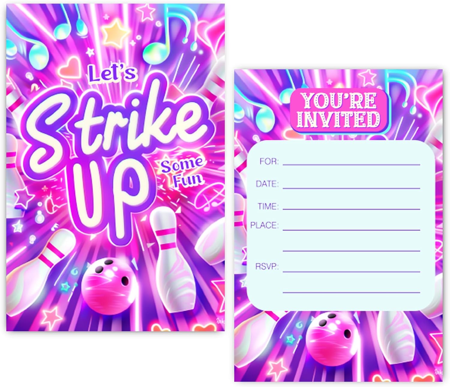 Neon Bowling Birthday Party Invitation for Girls Kids