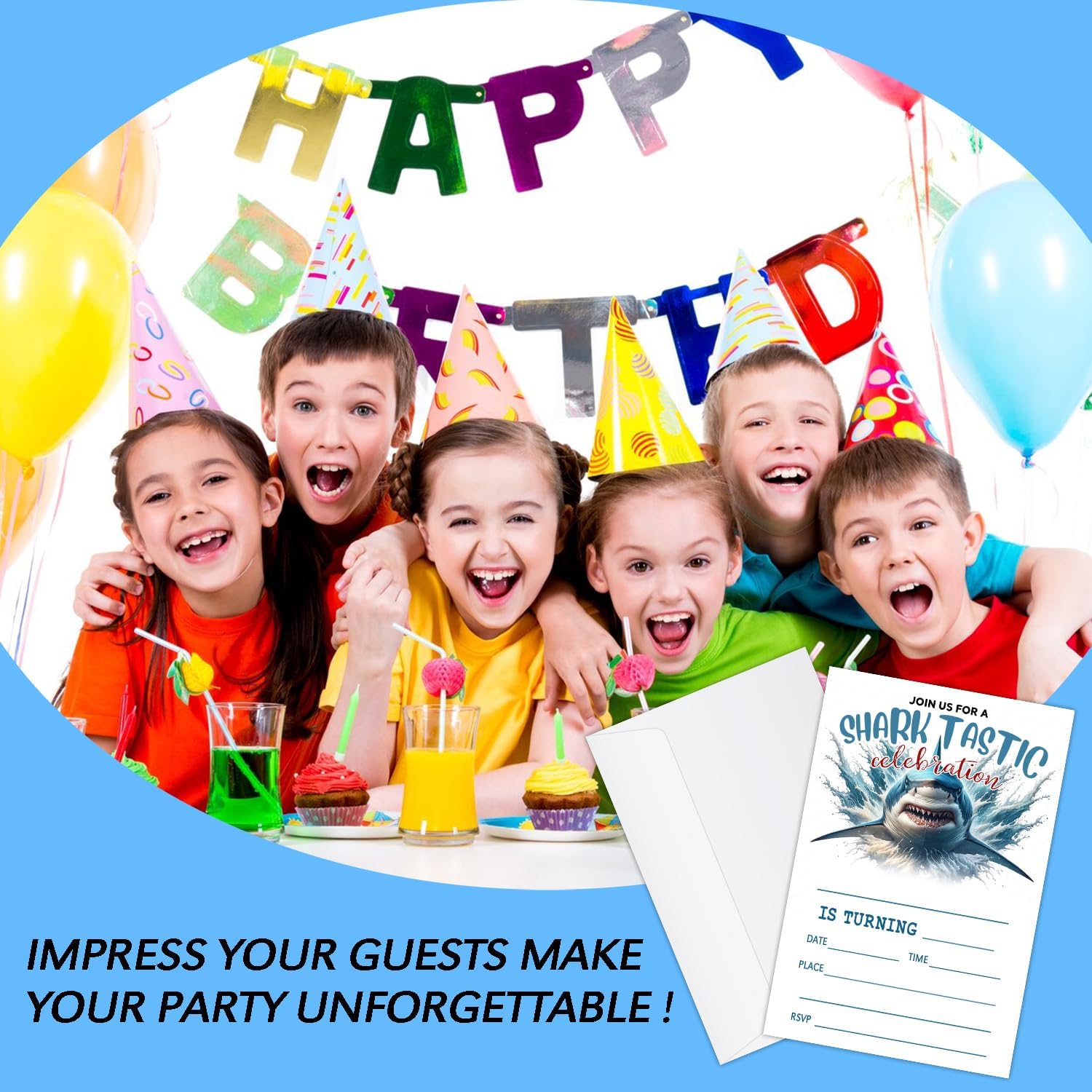 20 Shark Birthday Invitations with Envelopes