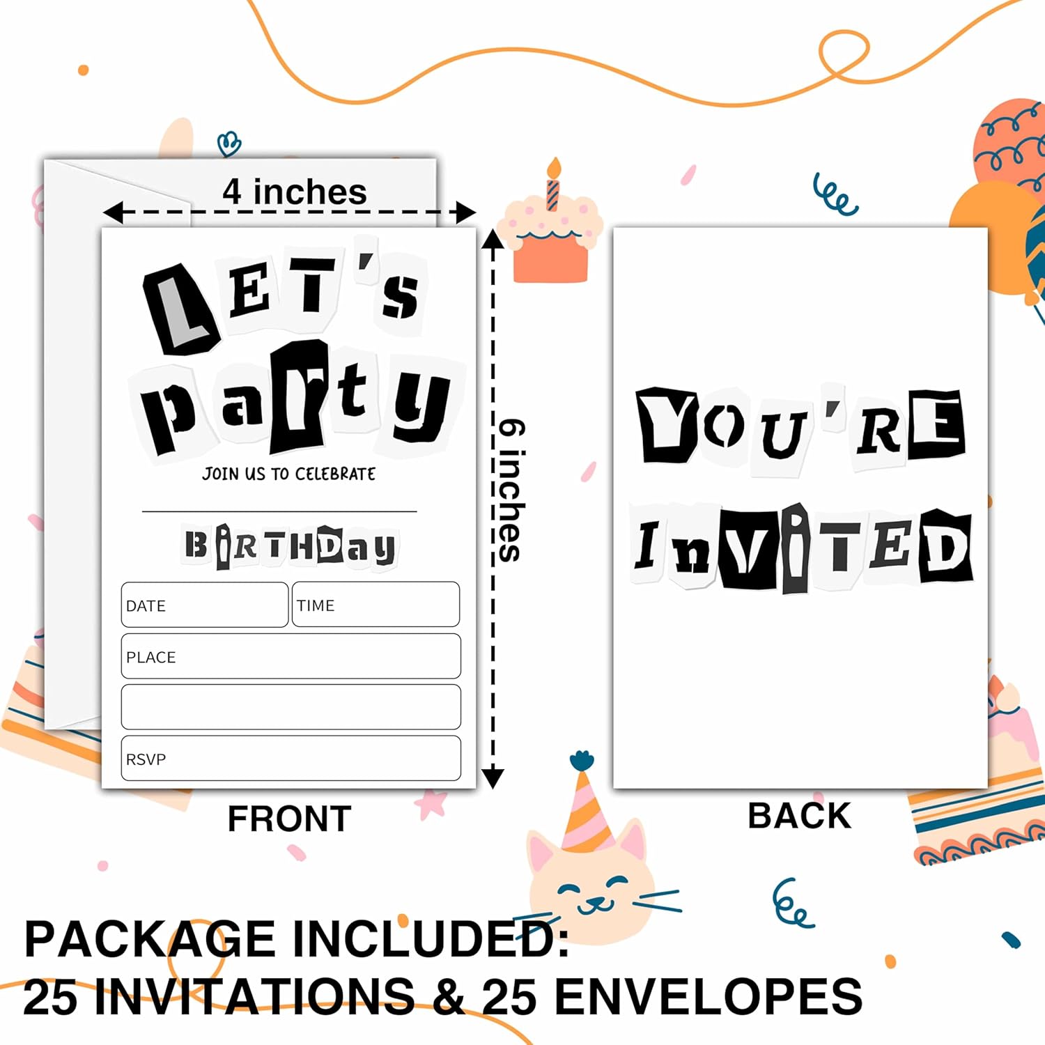Black and White Birthday Invitations 25 Double-Sided Cards with Envelopes D03