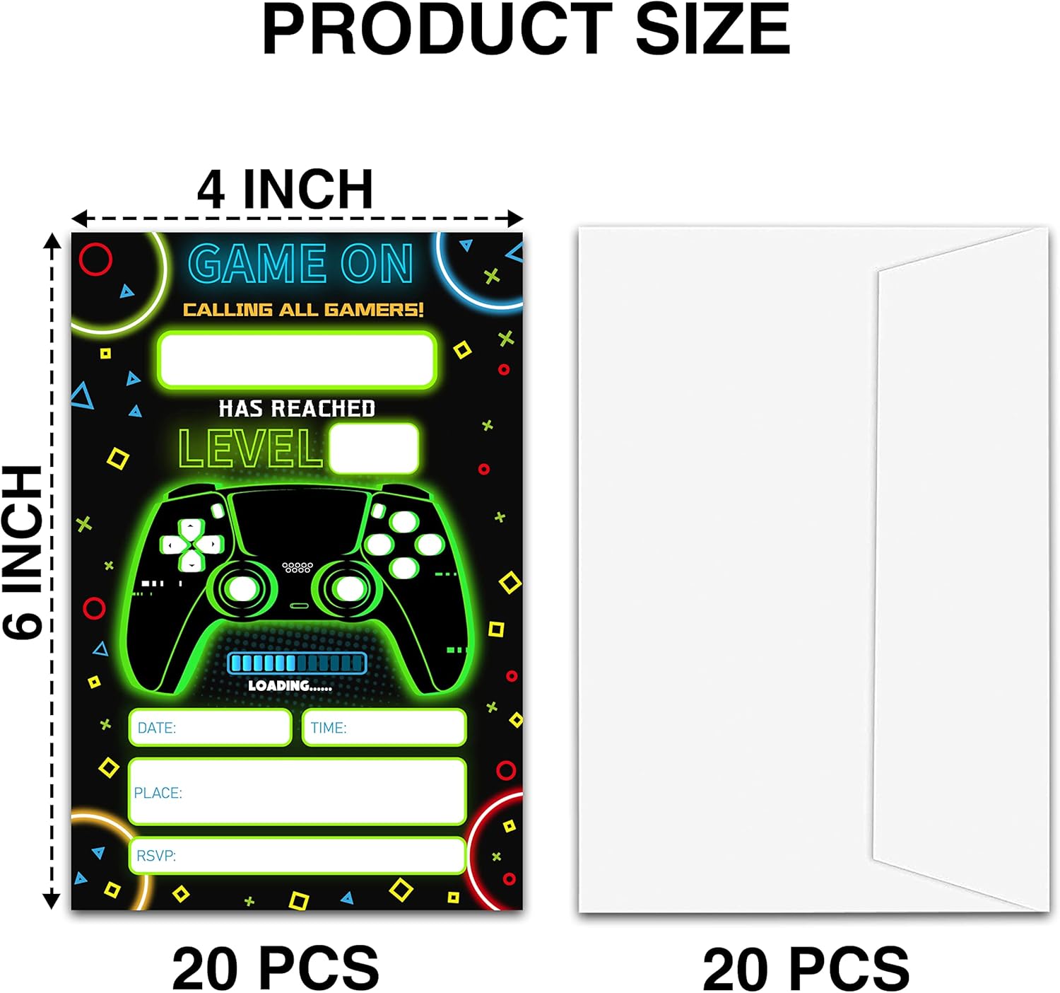 Neon Game Birthday Invitations with Envelopes 20-Pack
