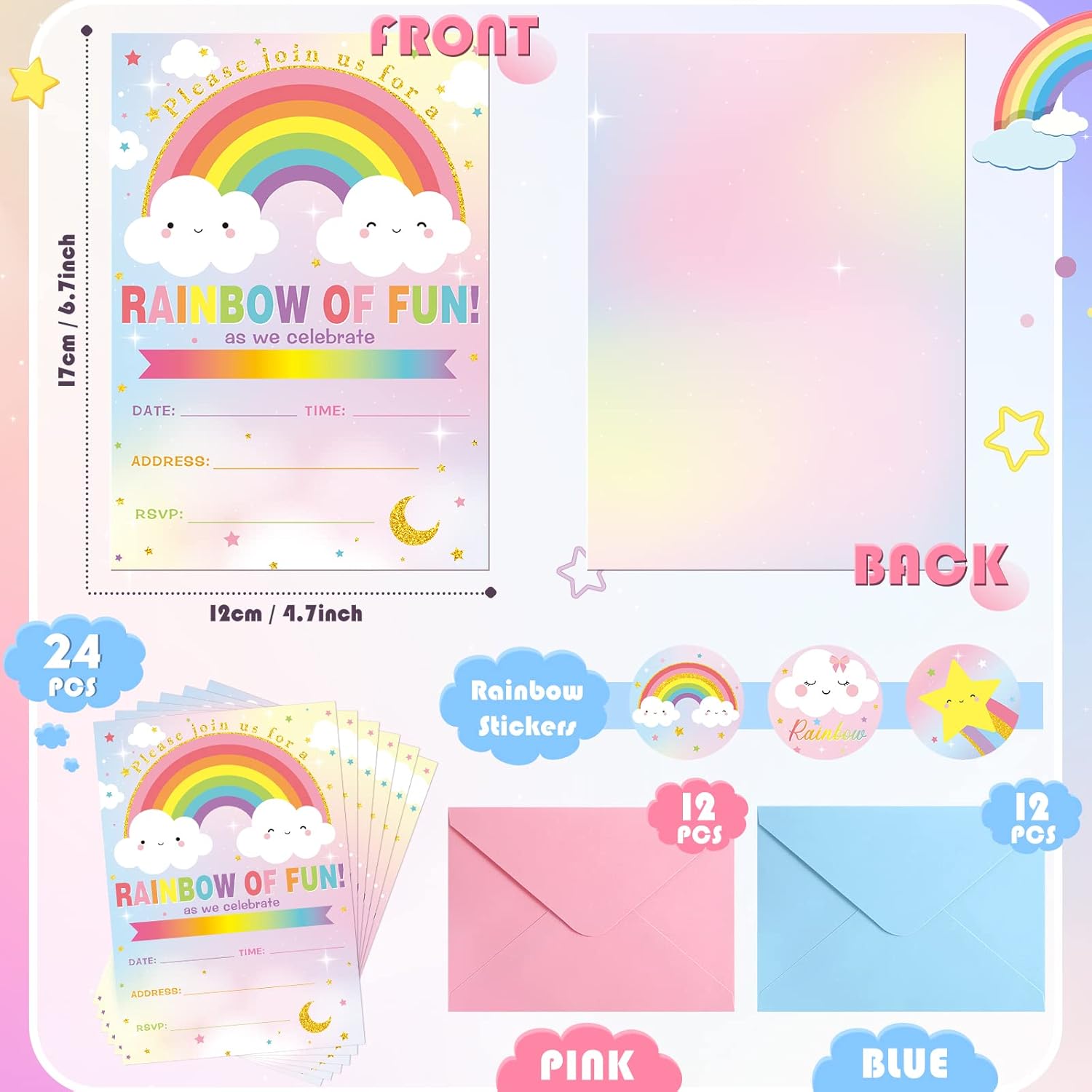 24 Piece Rainbow Party Invitation Set with Envelope and Sticker