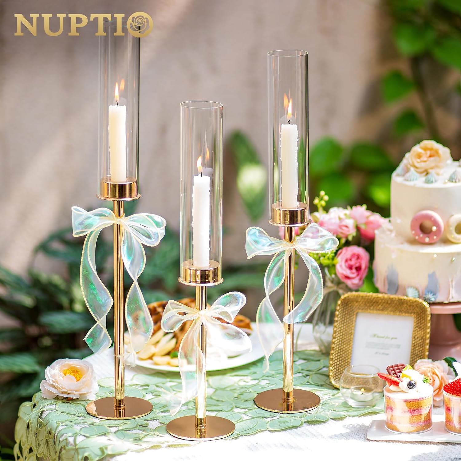 NUPTIO Gold Taper Candle Holders 3 Pcs Hurricane Candlestick