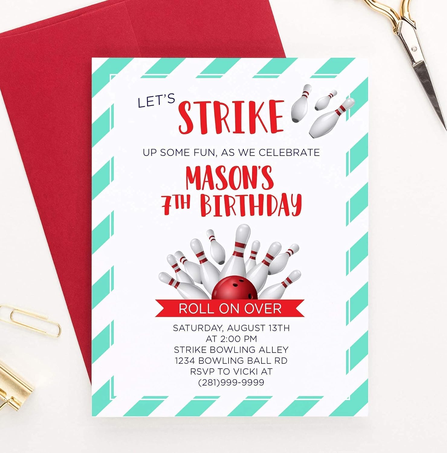 Bowling Birthday Invitations Customizable Envelope Colors