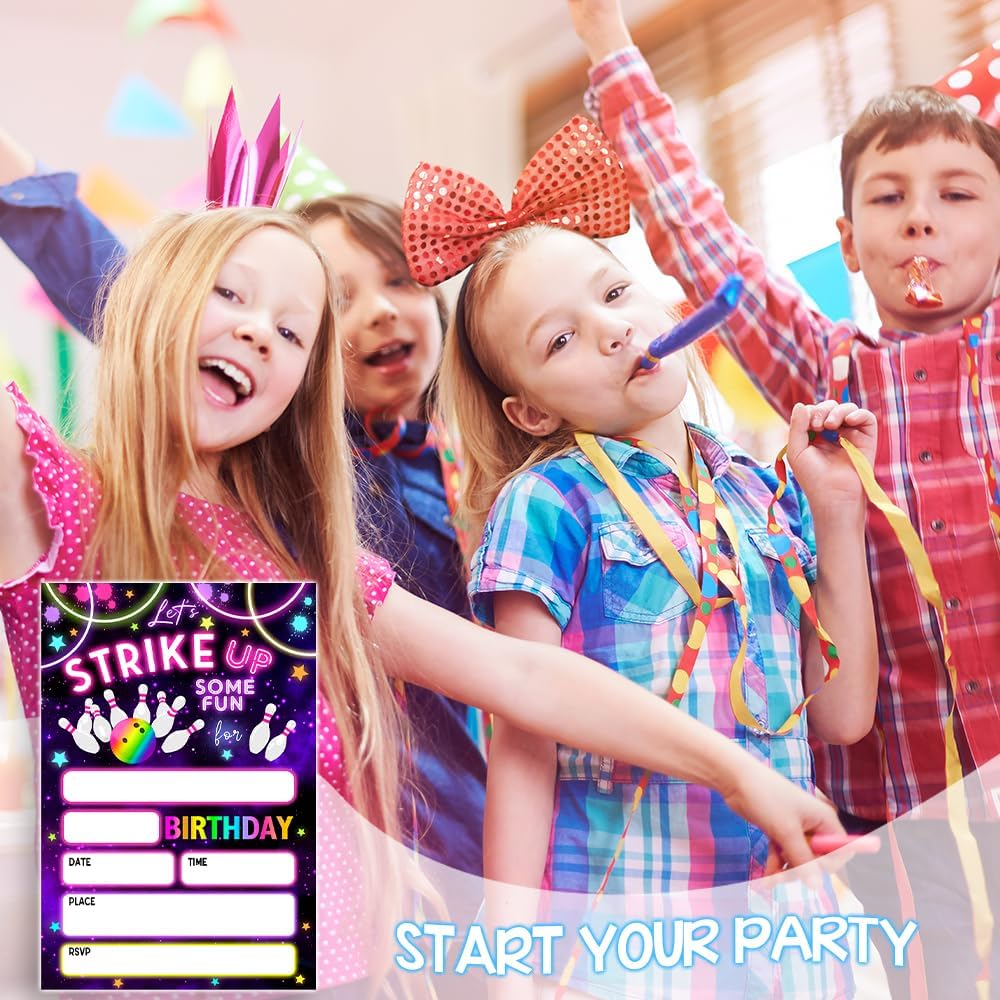 Neon Glow Bowling Party Invitations Set of 20