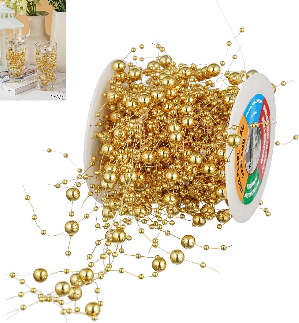13 Feet Gold Pearl String Spool for Floating Candles and Vase Fillers