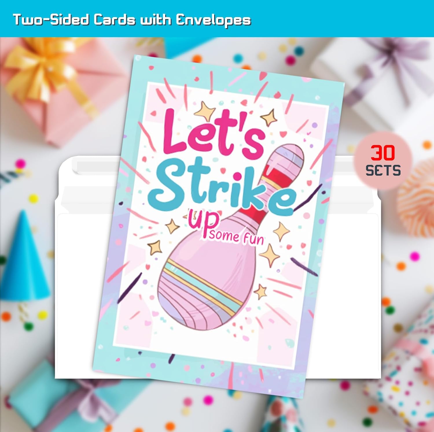 Pink Bowling Birthday Party Invitation Cards 30 Pack with Envelopes