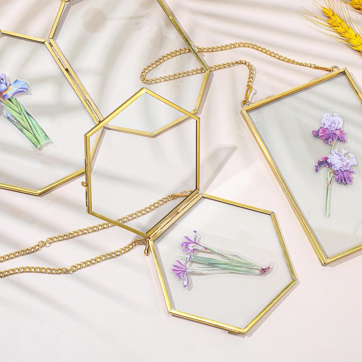3 Pcs Brass Pressed Flower Frames with Chain
