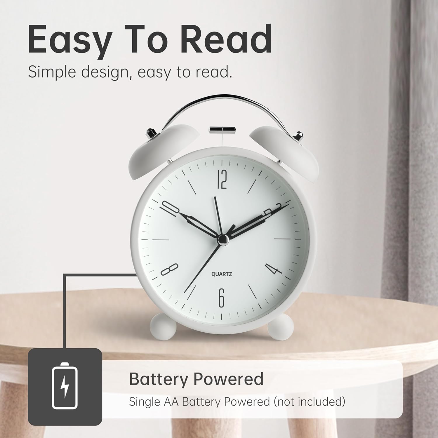 Twin Bell Alarm Clock with Night Light and Super Silent Hand