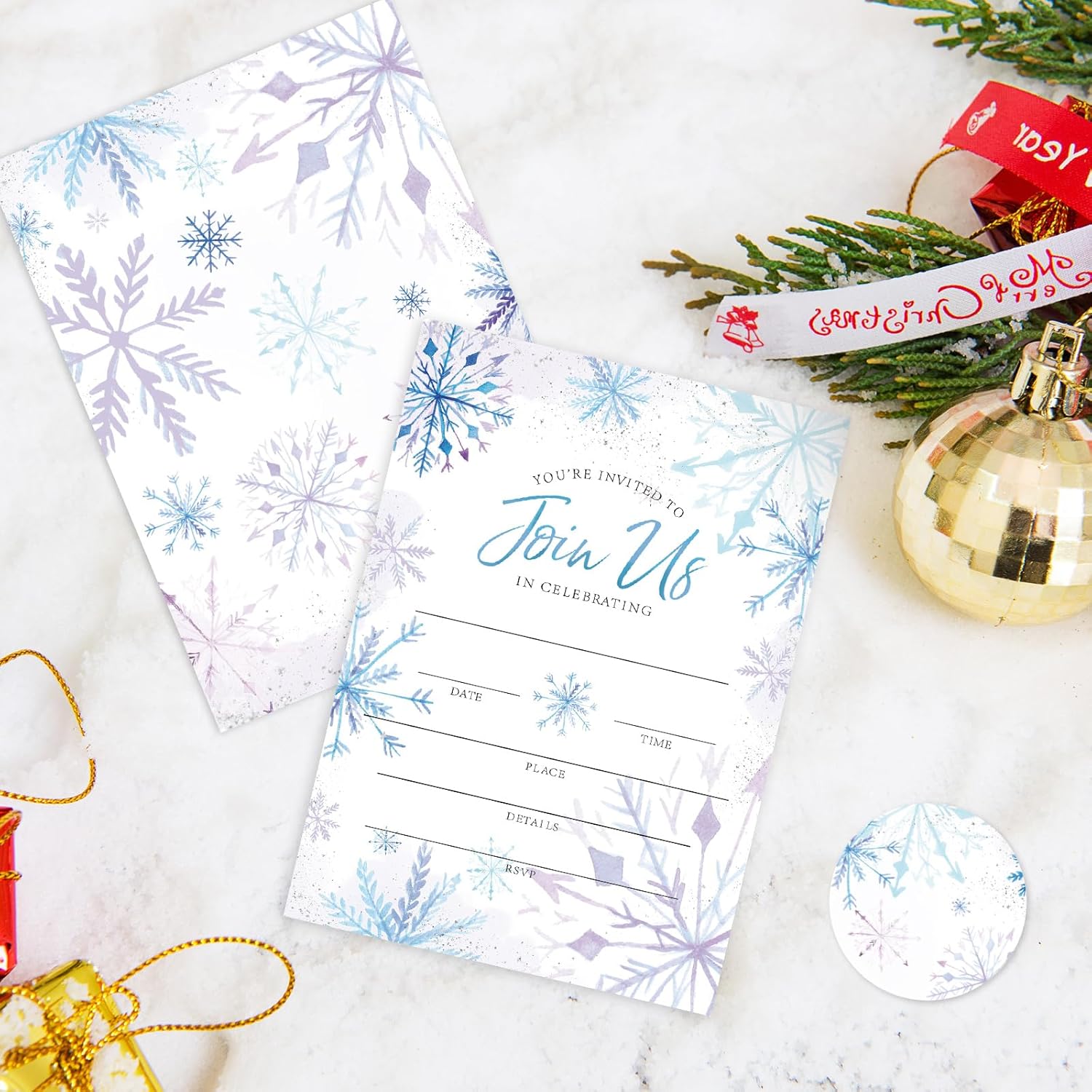 AnyDesign Christmas Invitations 20 Sets Purple Blue Snowflake Cards Envelopes Stickers