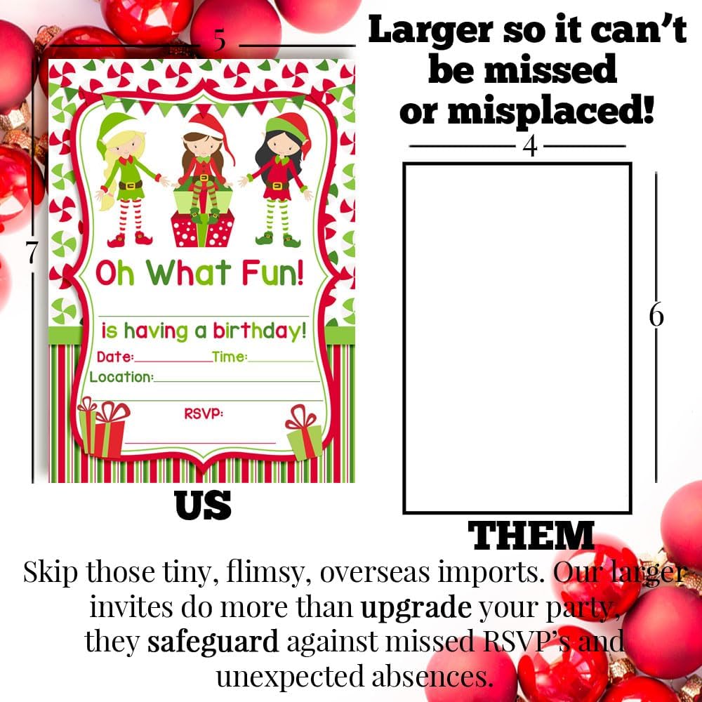 Elf Girl Christmas Invites with Envelopes 20 Pack 5x7 Double Sided
