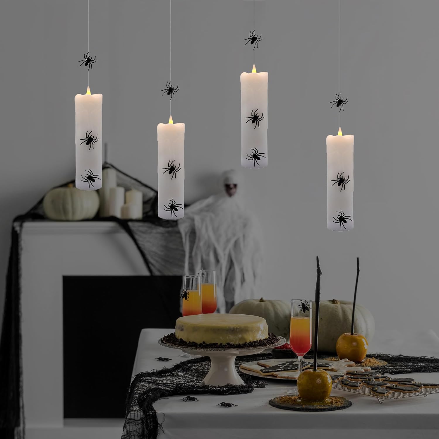 Lumabase Battery Operated Hanging Pillar Candles with Spiders Set of 4