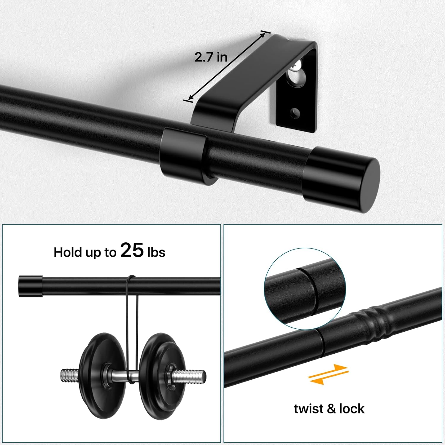 Black Curtain Rod 2 Pack 28-48 Inch Adjustable Metal Rod Set