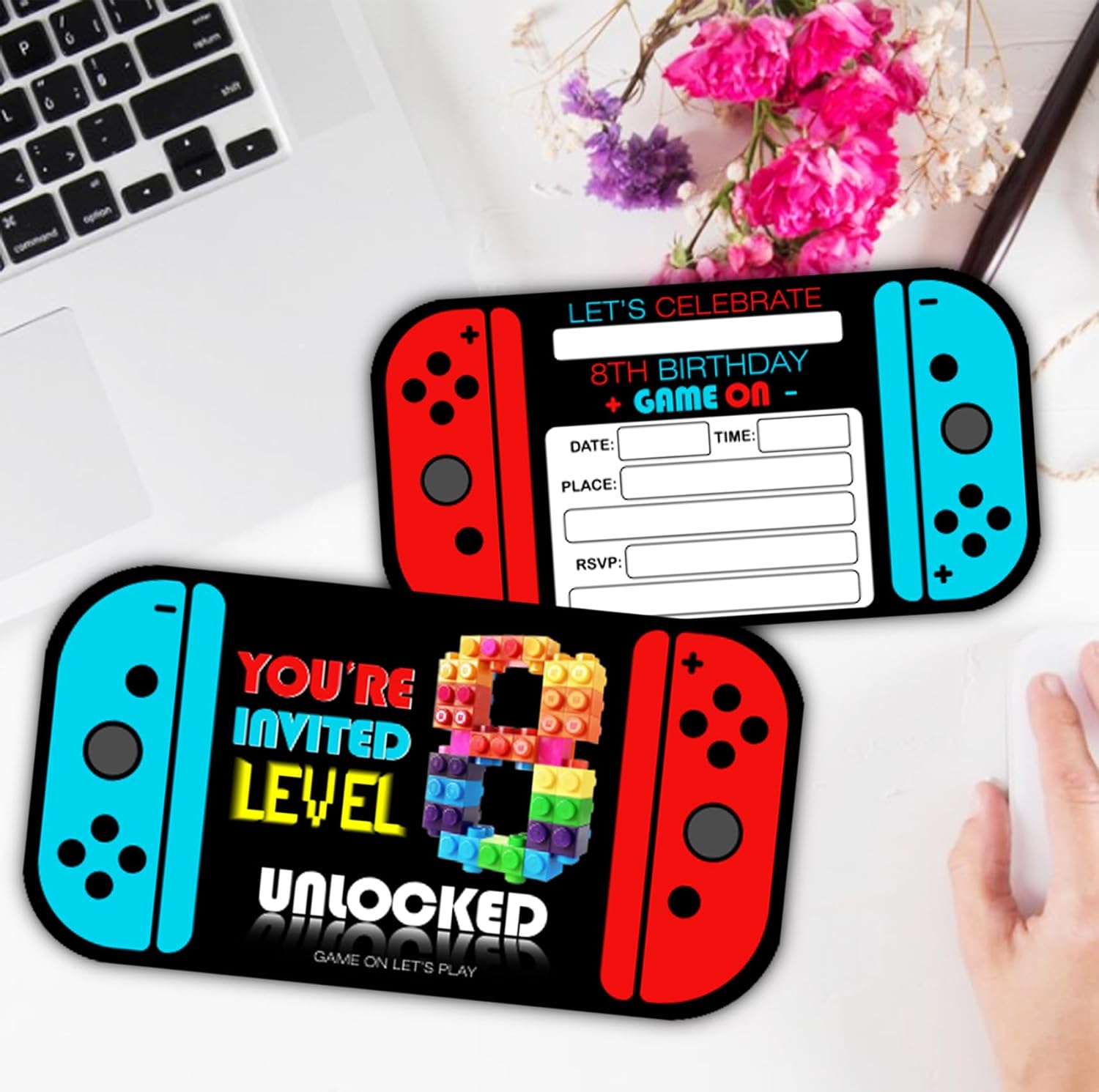 Video Game 8th Birthday Invitation Cards Set