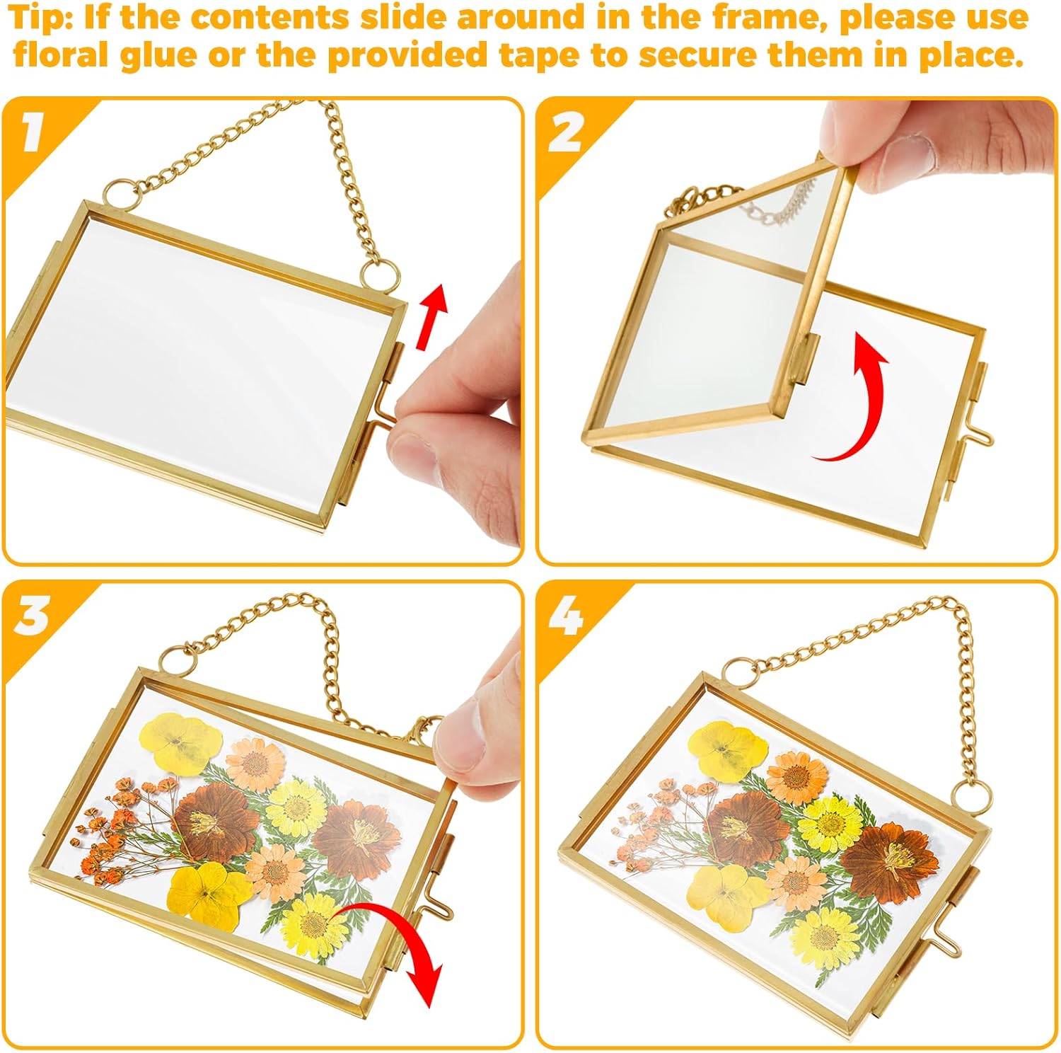 4 Pcs Hanging Pressed Flower Frames with Metal Chain