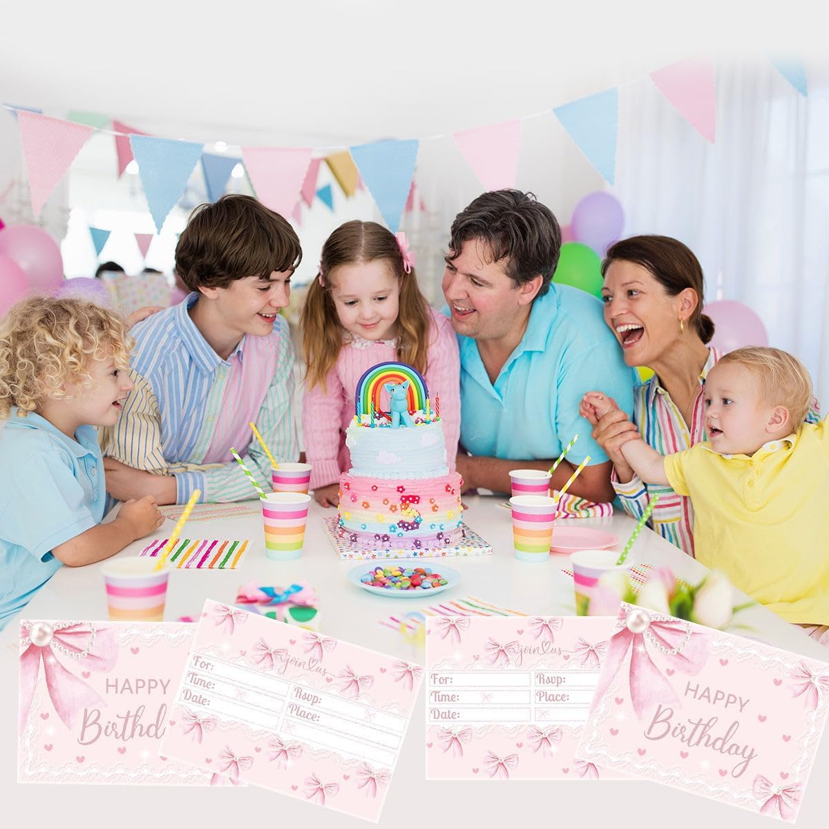 24 Pcs Pink Bow Birthday Invitation Cards