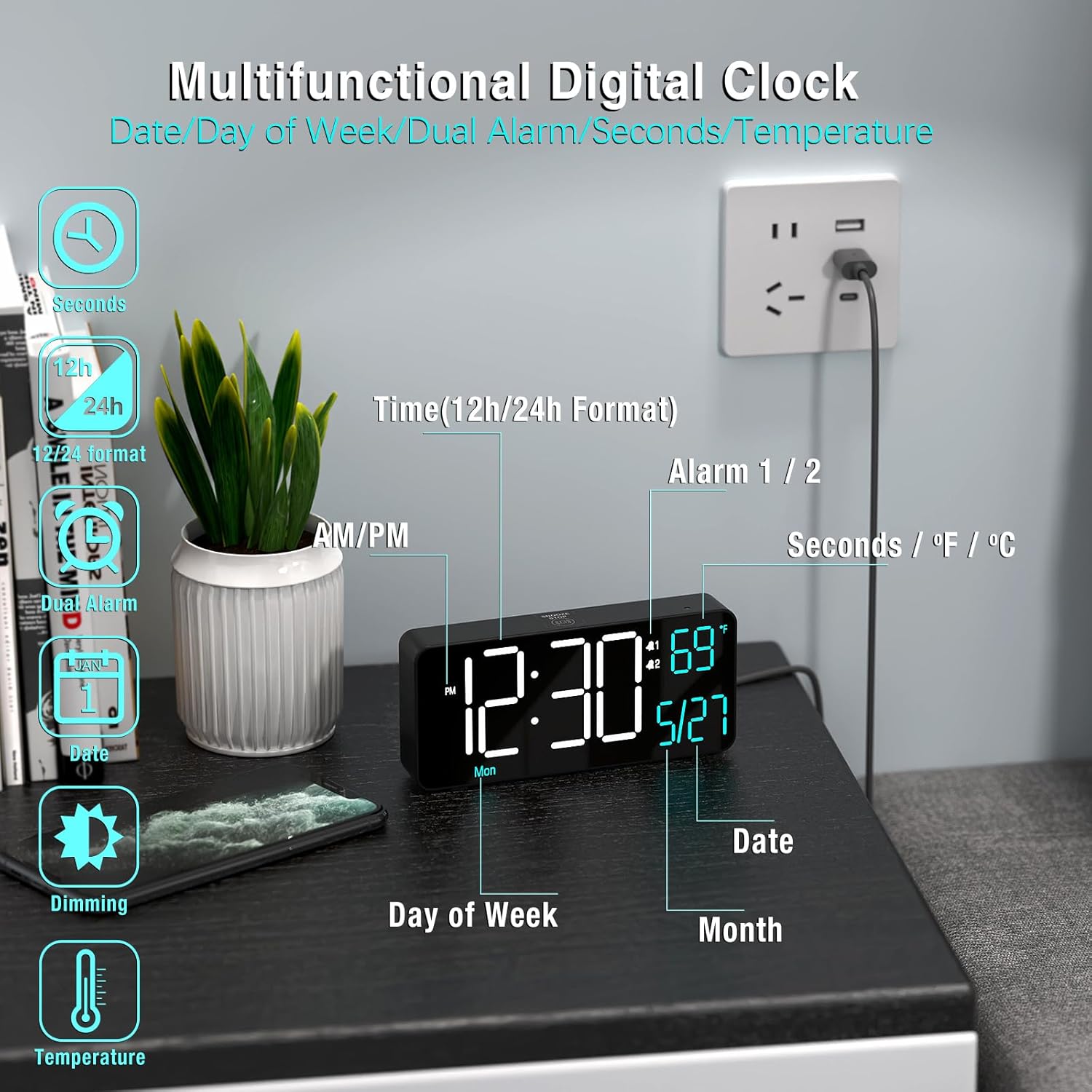 Kosumosu 67 Inch Digital Alarm Clock with Auto Dimming