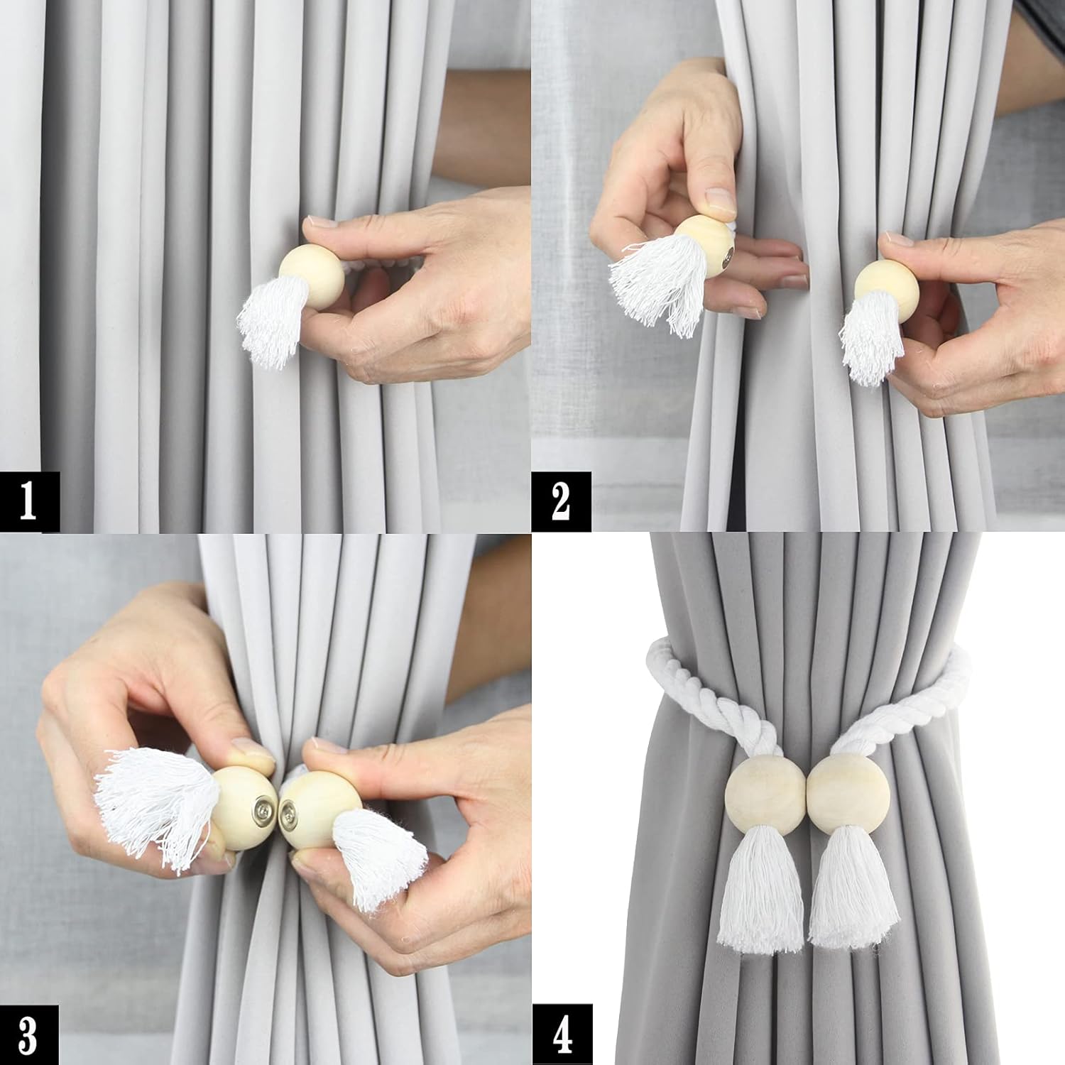 4 Pack White Magnetic Curtain Tiebacks with Wooden Buckle