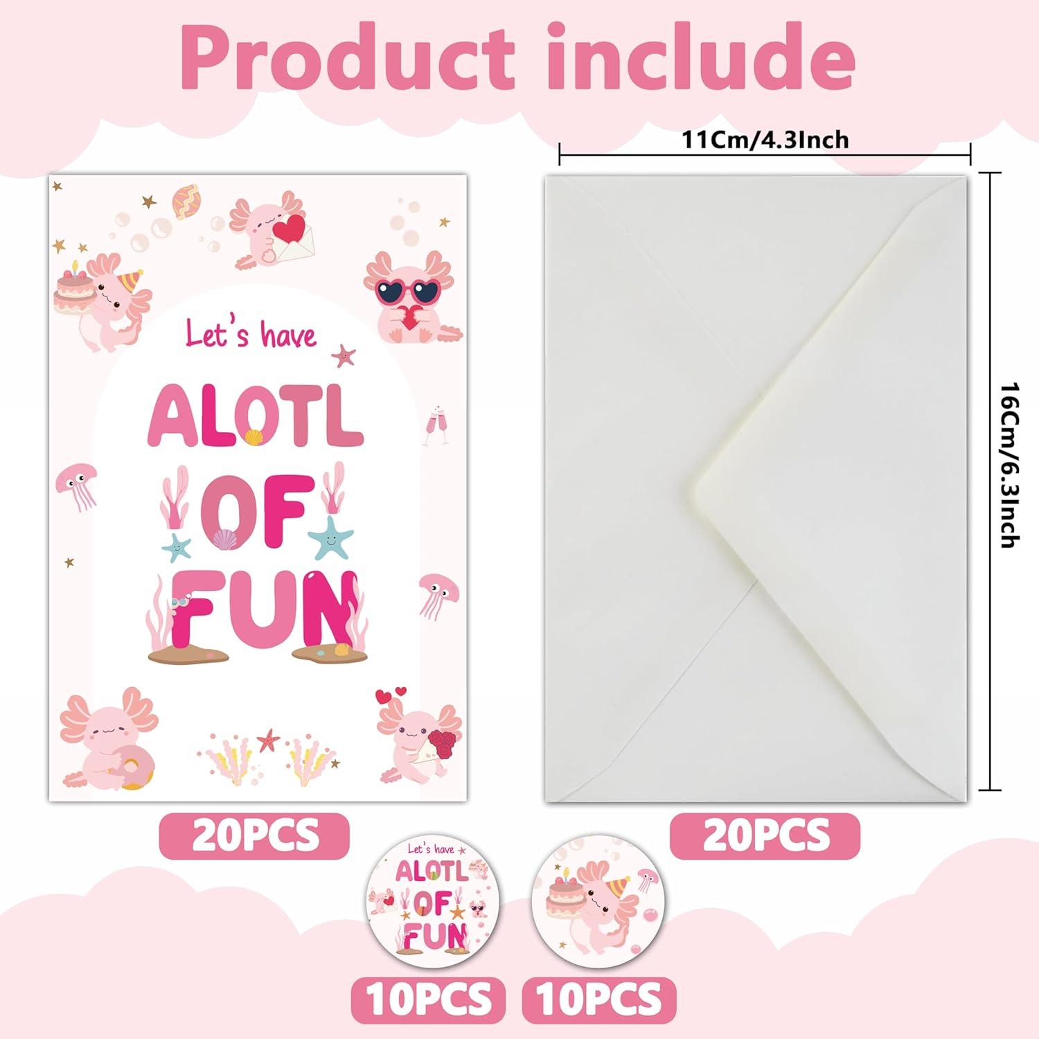 Axolotl Birthday Invitations Set with Envelopes