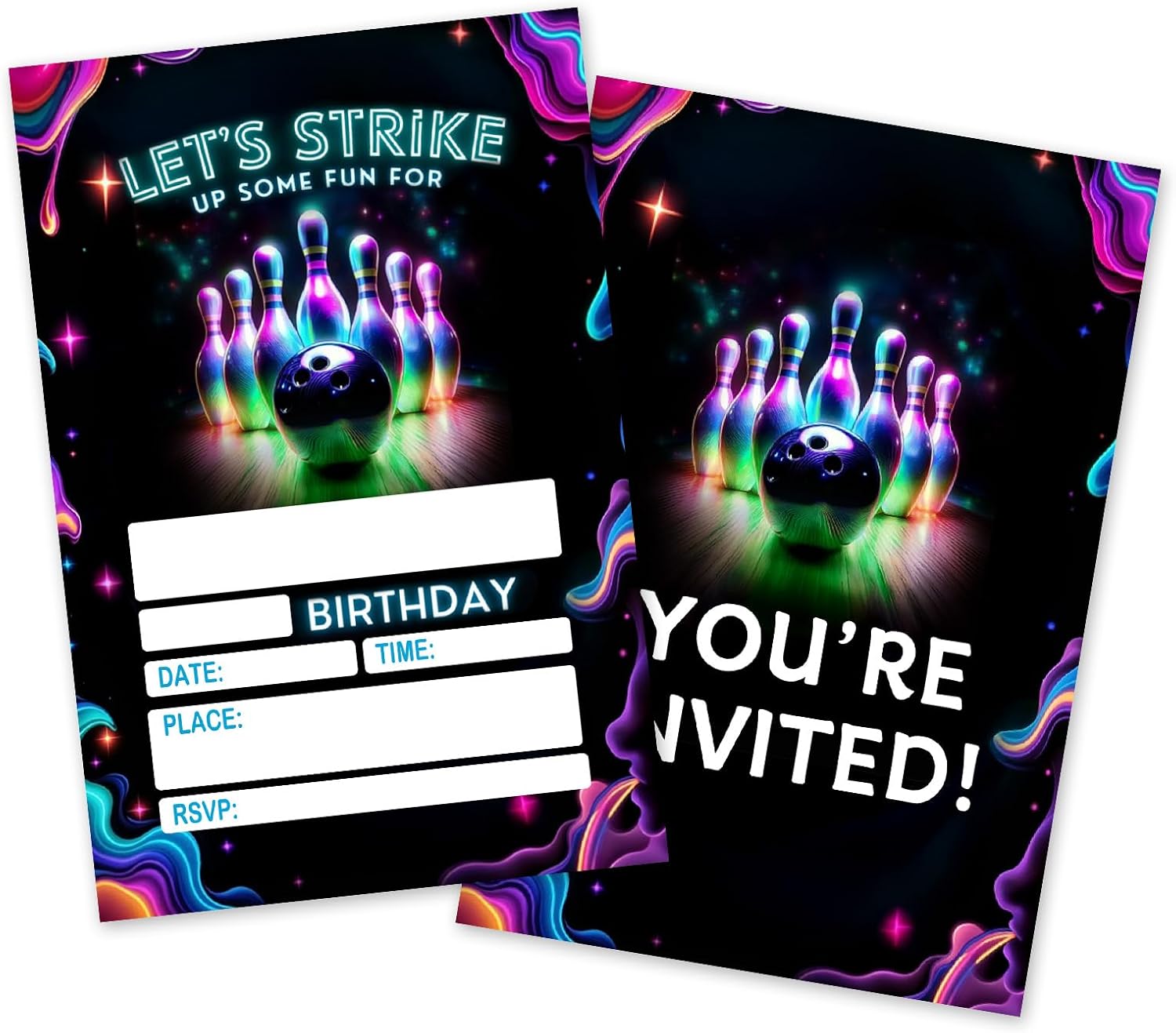 Neon Strike Bowling Birthday Invites - 25 Pcs Double Sided